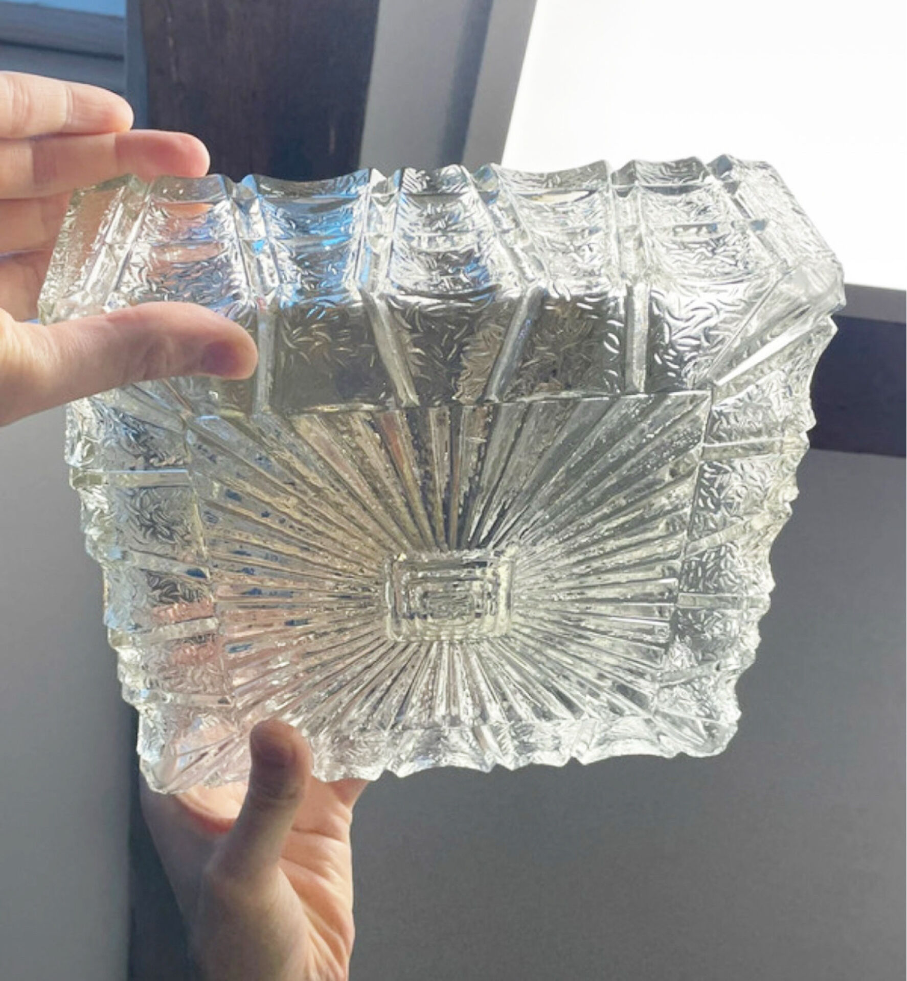 Vintage Flush Mount Square Glass Ceiling Lamp, Sunburst Motif