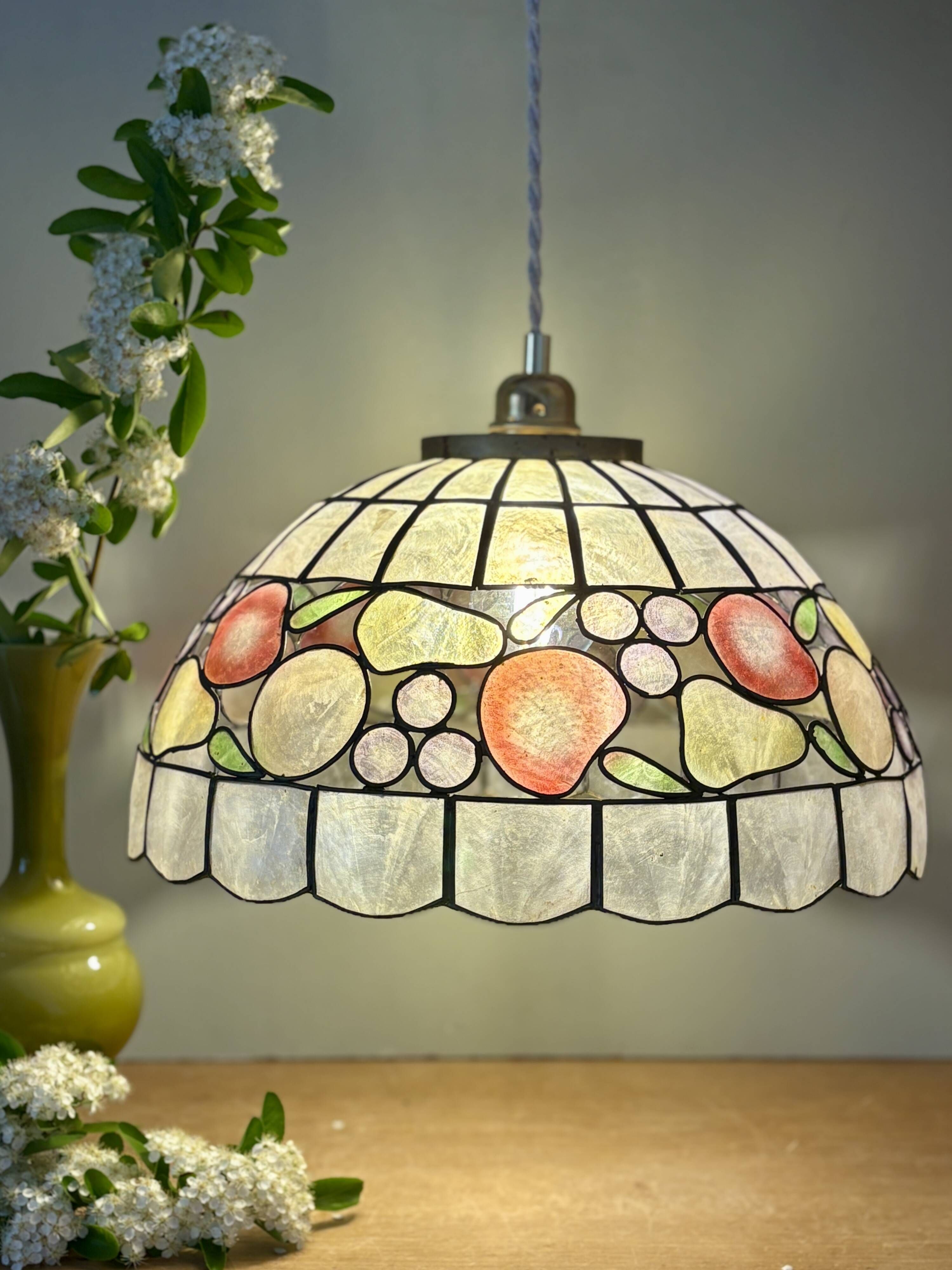Vintage mother-of-pearl and brass pendant lampshade with fruit decorations