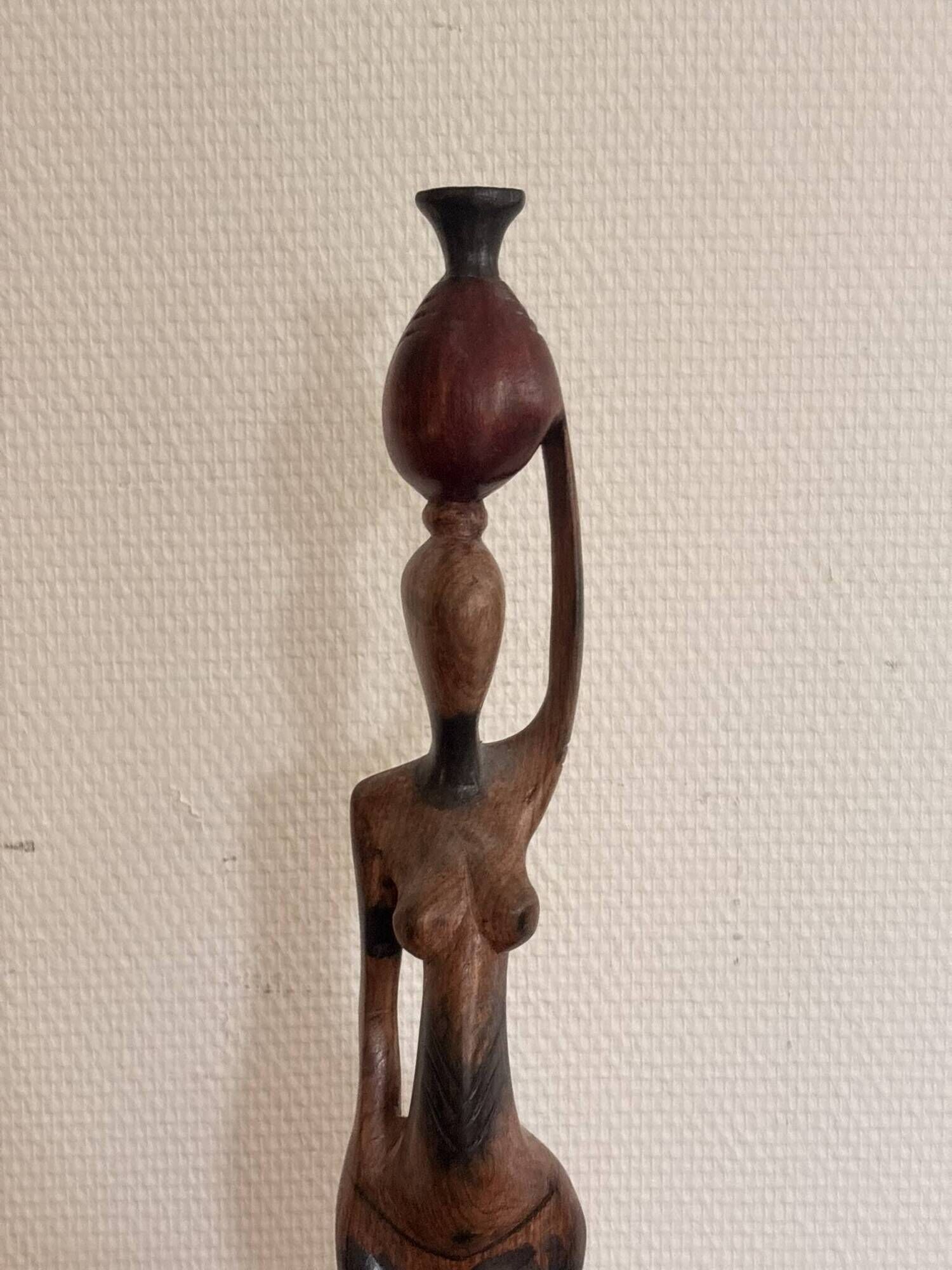 Sculpture Water Carrier Carved Exotic African Wood Curio Art Makonde