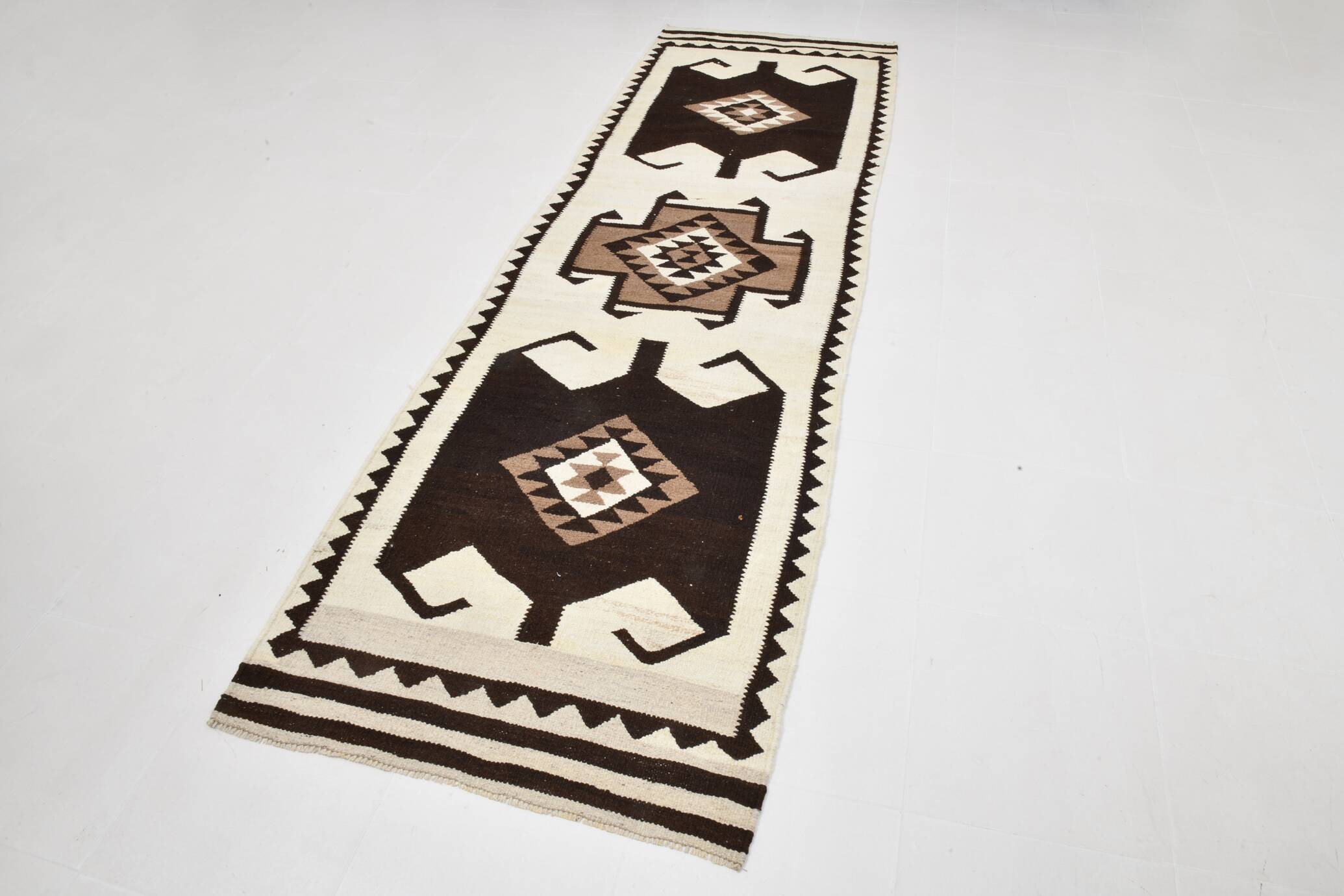 3x11 Kilim Cream & Brown Tribal Kilim Runner Rug, 99x322Cm