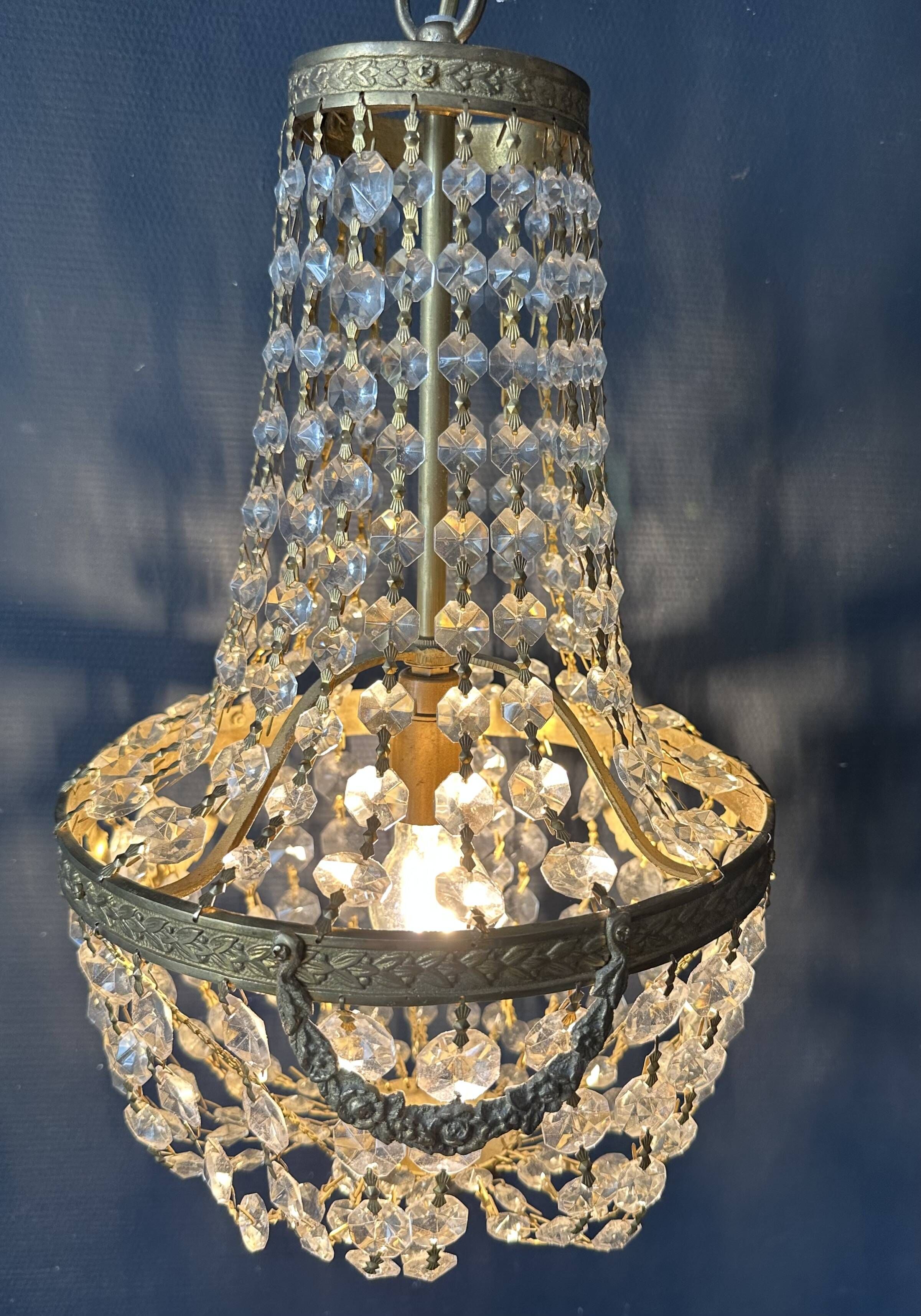 Golden bronze hot air balloon chandelier with glass pendants, mid-20th century.