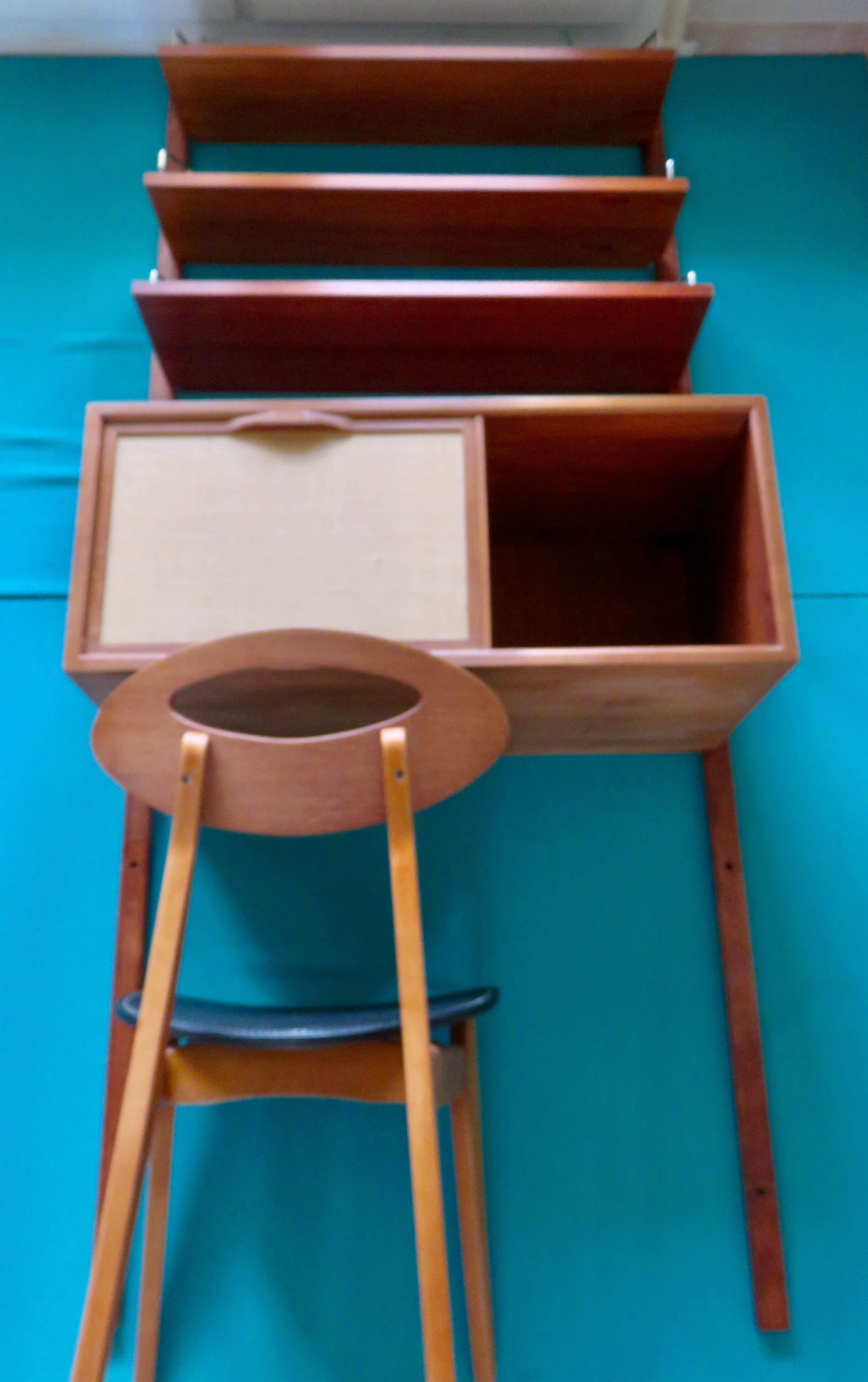 Wall shelving system and teak writing box. of Poul Cadovius. Denmark 1960