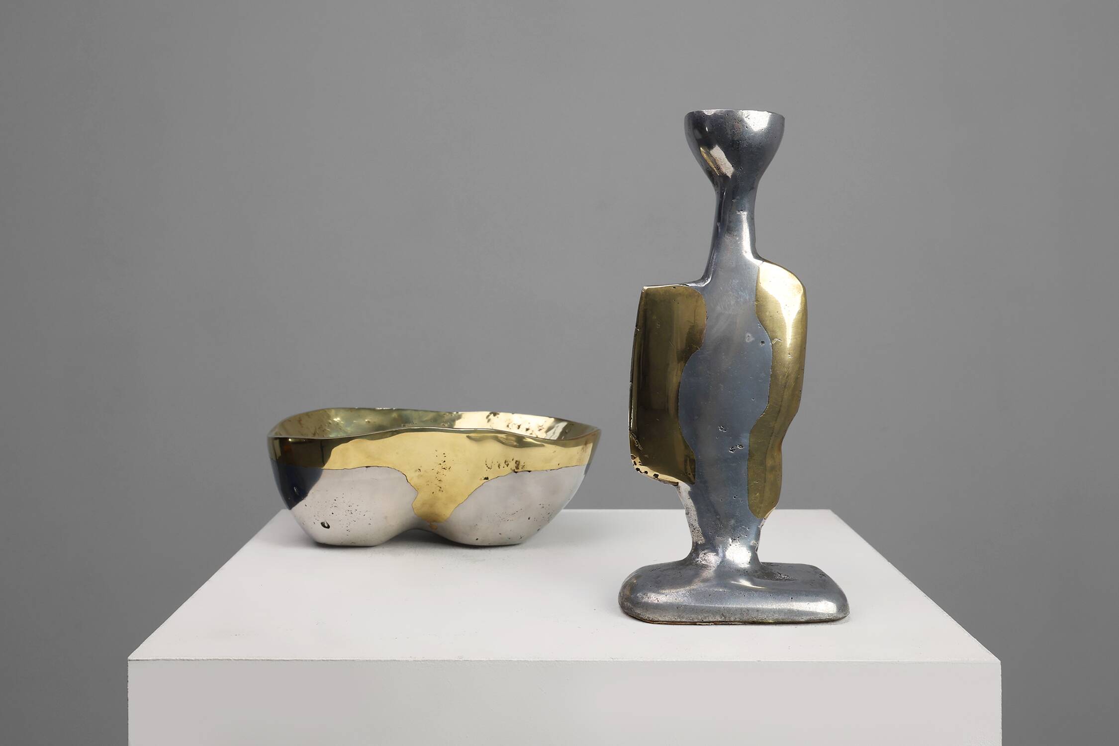 Candleholder and Bowl by David Marshall in Aluminum and Brass, UK 1970s
