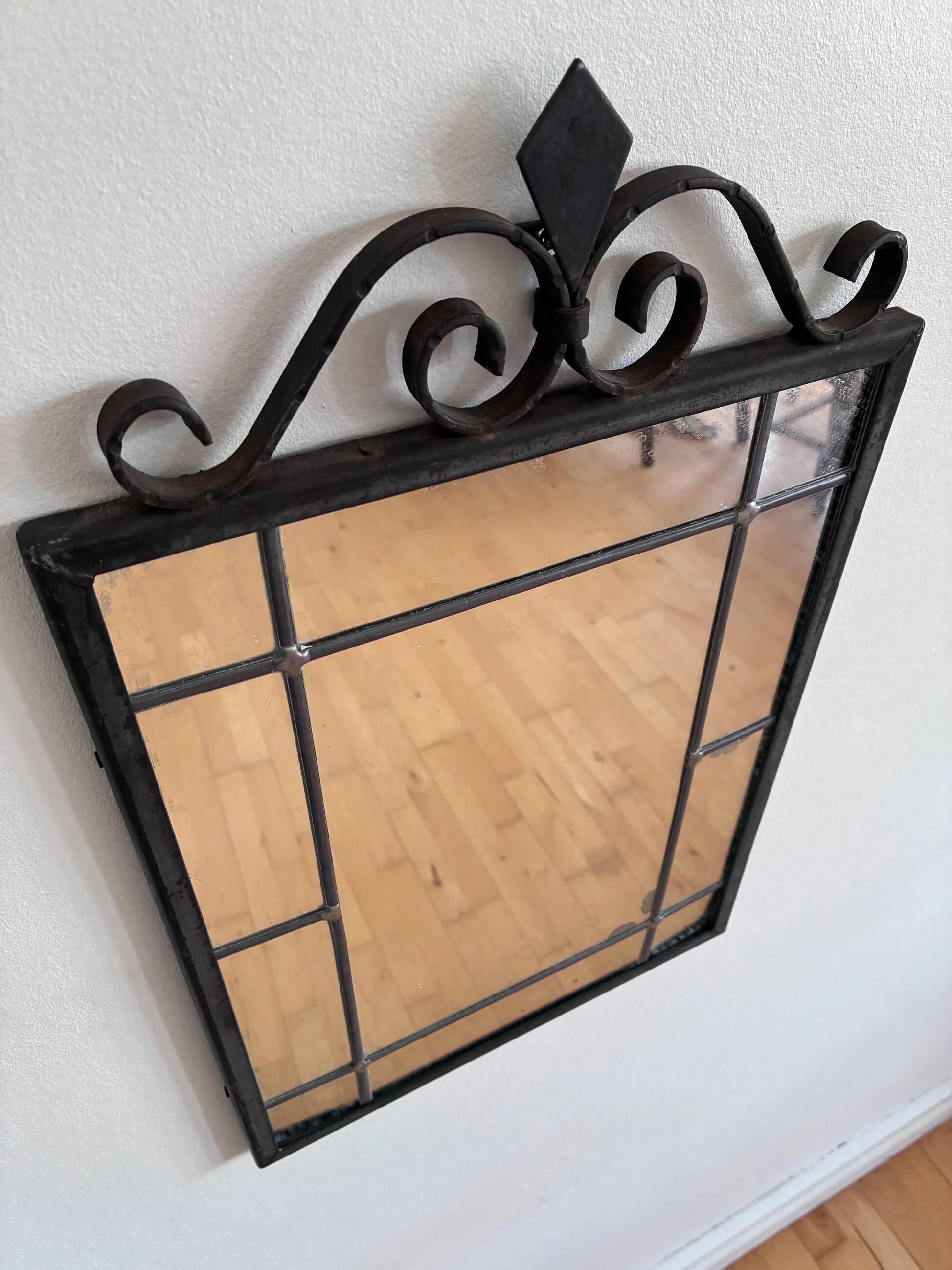 Art Deco black wrought iron wall mirror, Belgium, 1930s