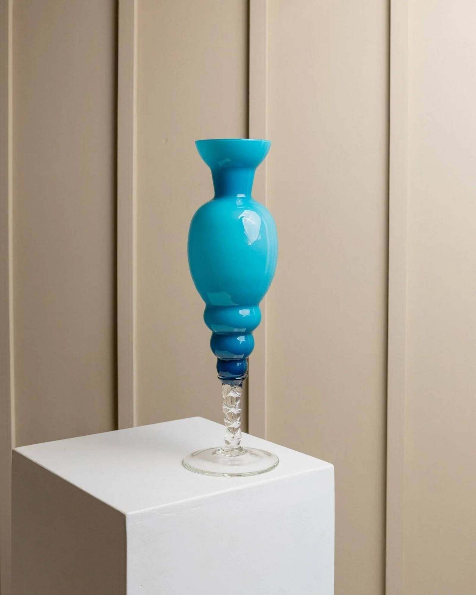 Azure Blue Murano Glass Vase XL, Fluted Beaded Silhouette, 1960s Hollywood Regency