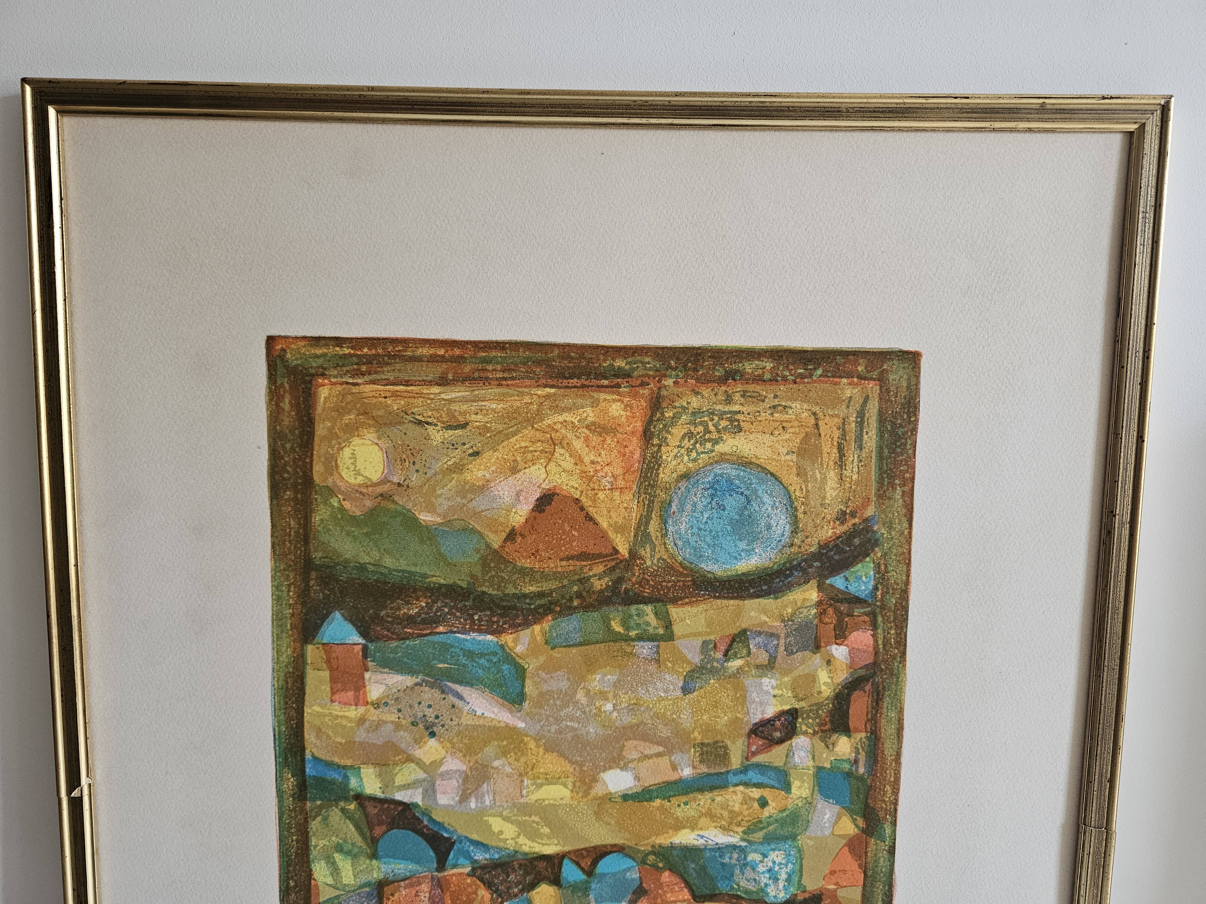 Lithographic table stylised figurative composition sailing boat Judith Bledsoe