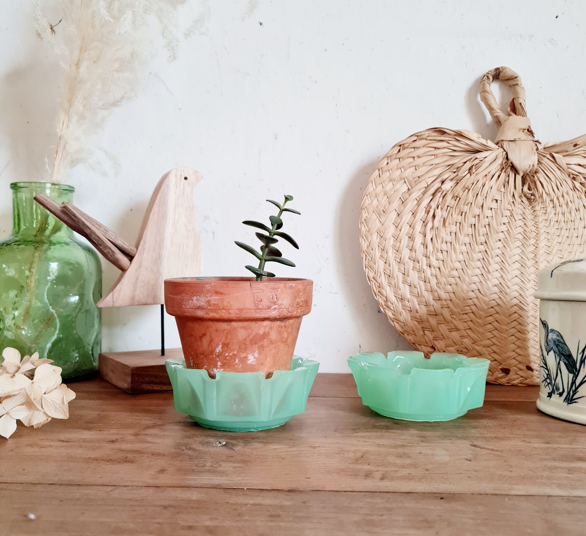 Duo of two candle holders cups in green opaline of water