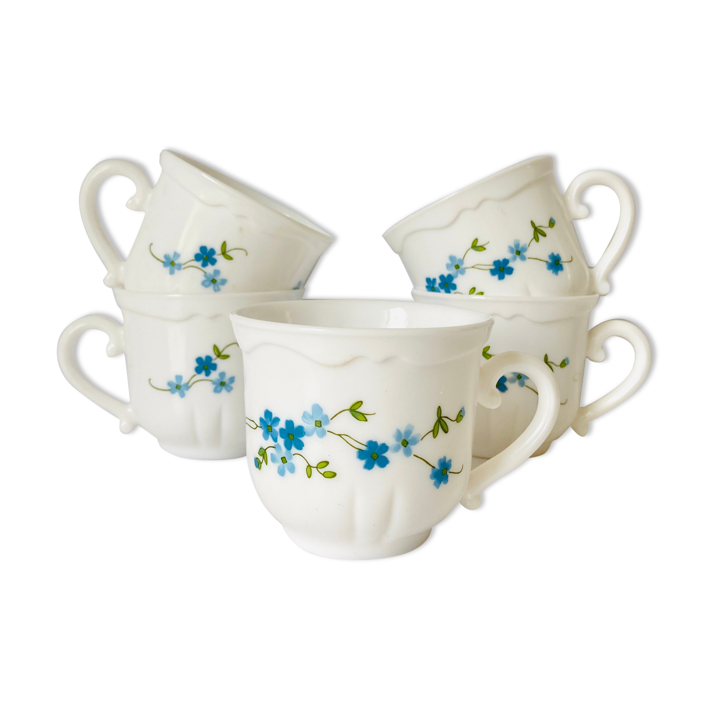 5 cups veronica tea with blue myosotis in white glass from arcopal-80s-retro-vintage