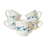 5 cups veronica tea with blue myosotis in white glass from arcopal-80s-retro-vintage