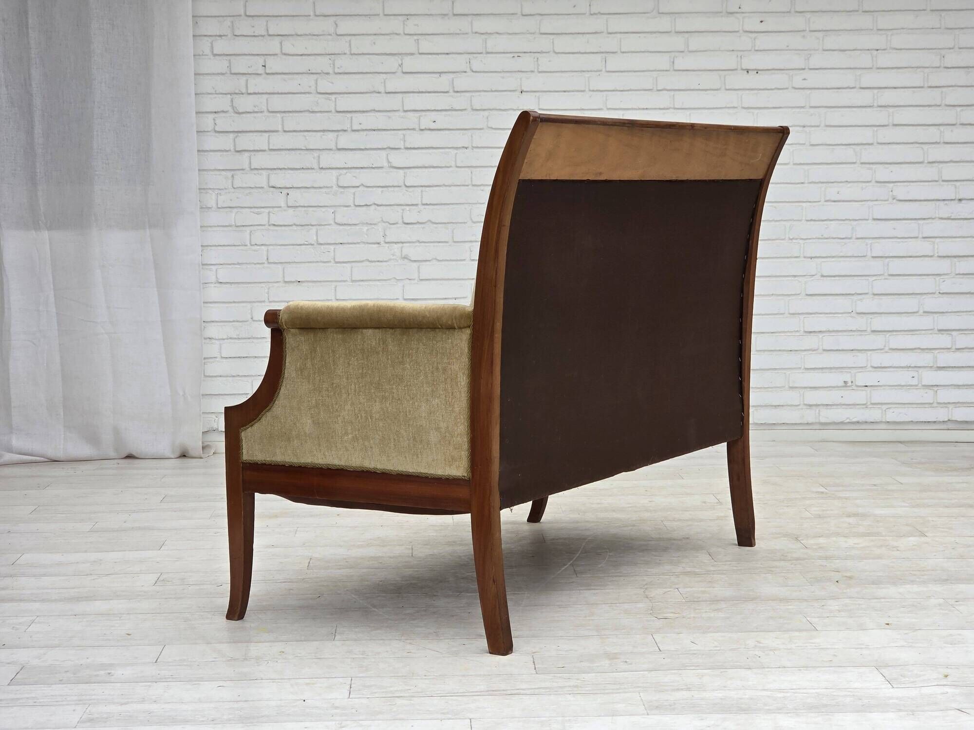 1950s, 2 seater Danish highback sofa, furniture velour, laqered teak wood.