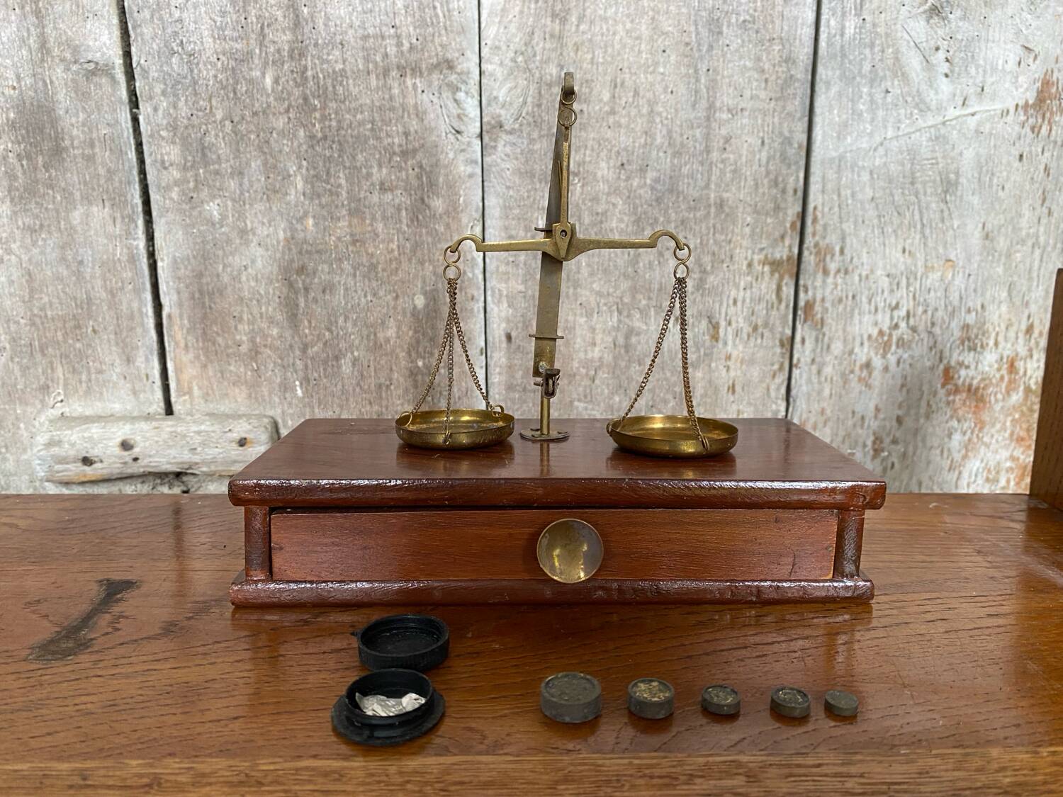 Antique trebuchet precision scale gilt bronze + wooden box + weight