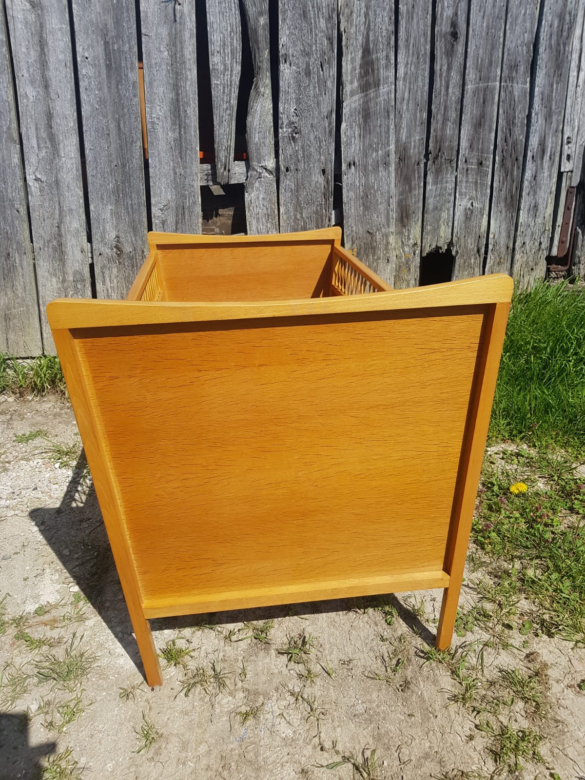 Scandinavian children's bed, wooden compass feet with vintage curved rattan