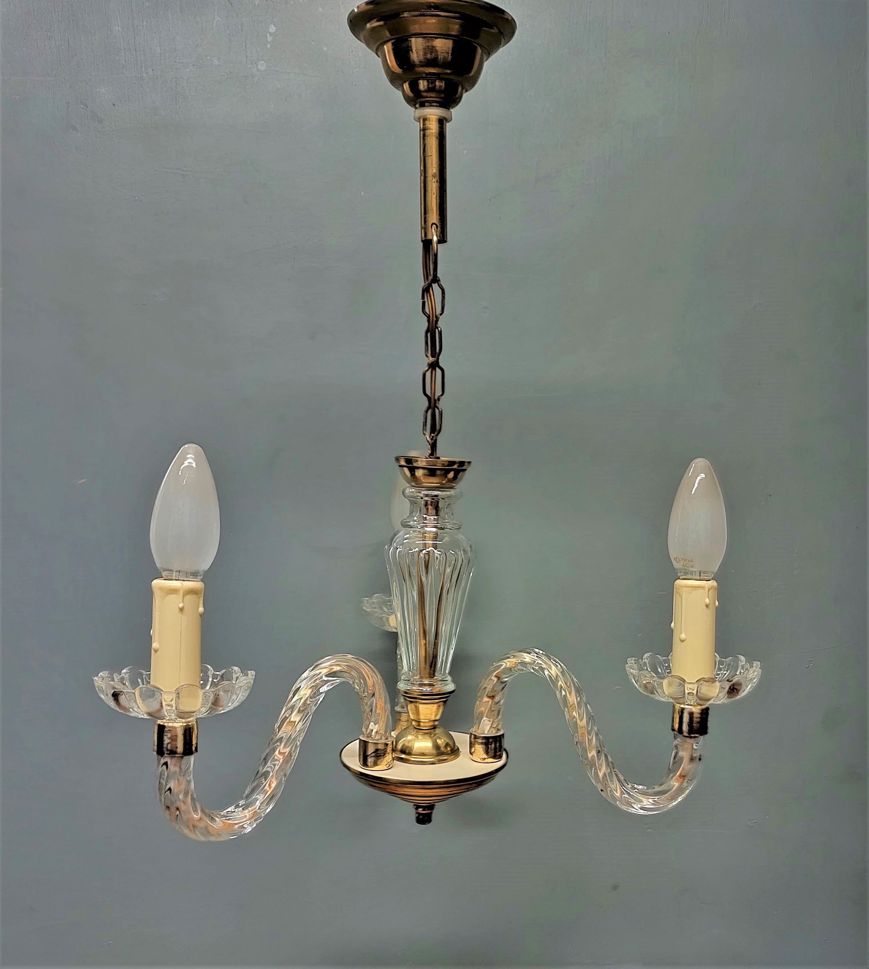 Small Venetian chandelier, three-burner twisted blown glass 1950s - Brass, Glass