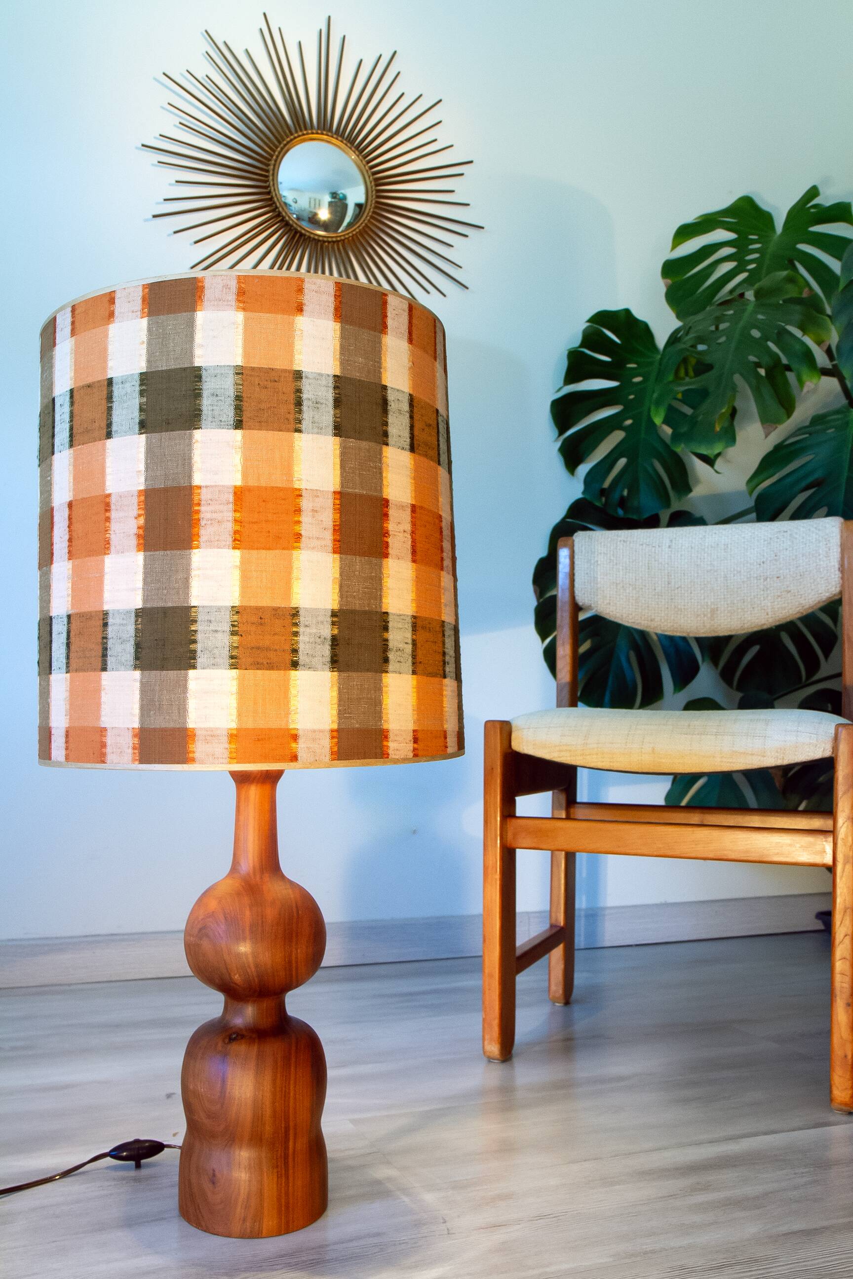 Large turned wooden lamp from the 1960s, signed JS Guy.