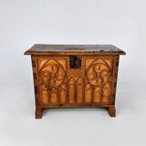 Antique Oak Chest with Carved Gothic Panel, 1900s