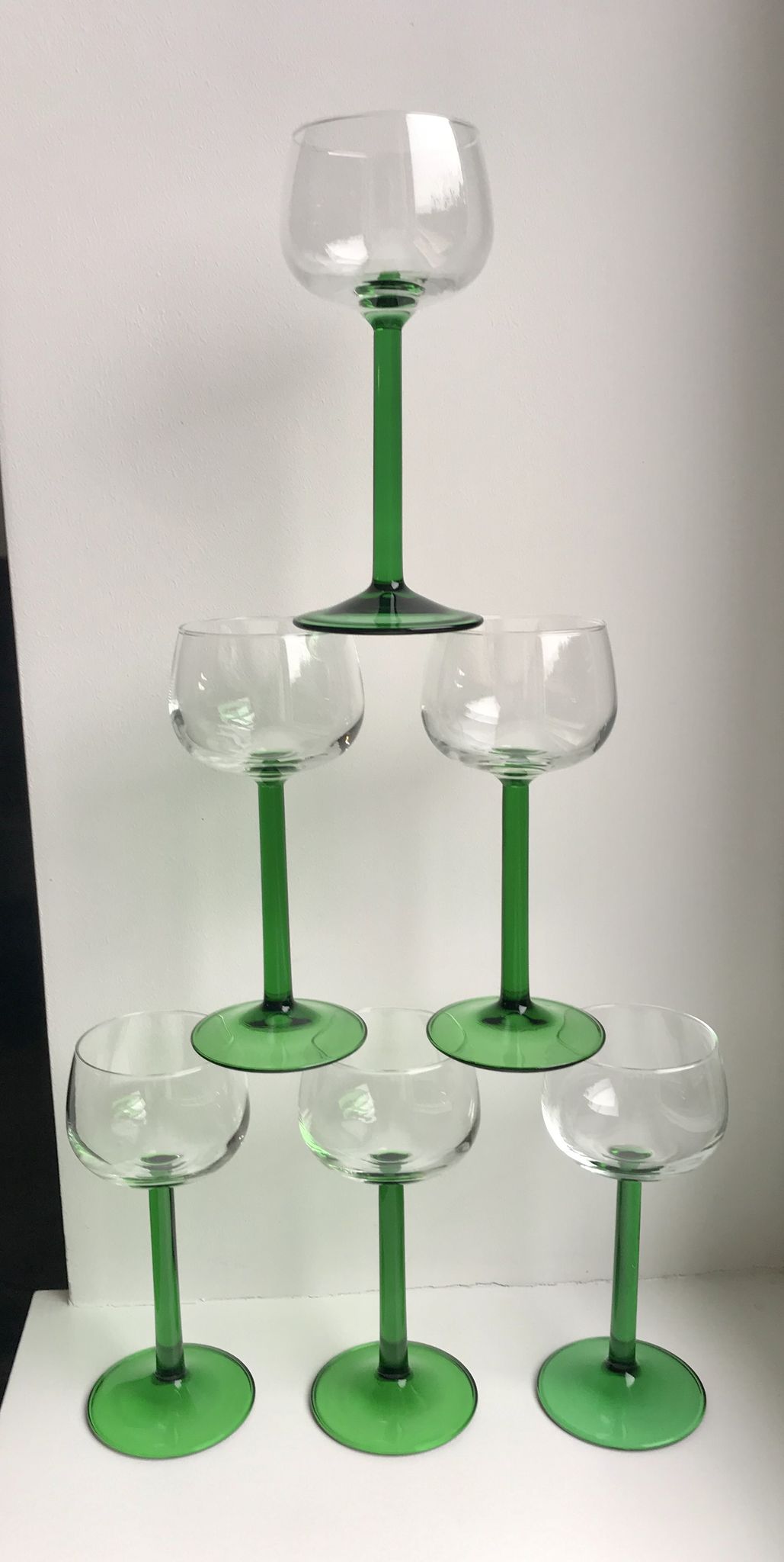 Set of 6 green white wine glasses made in France 60s-70s
