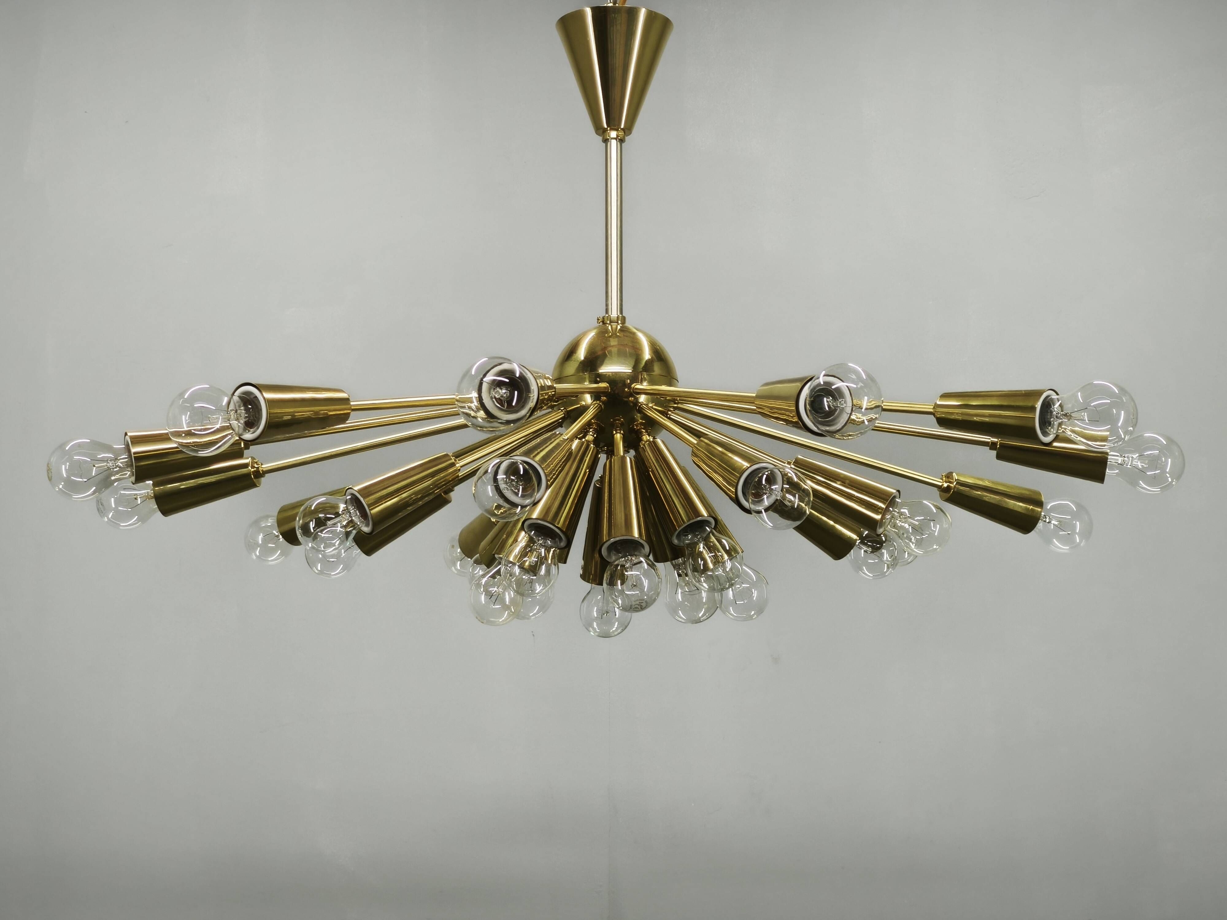 Kamenický Šenov 28-Light Brass Sputnik Chandelier, Czechoslovakia, 1970s