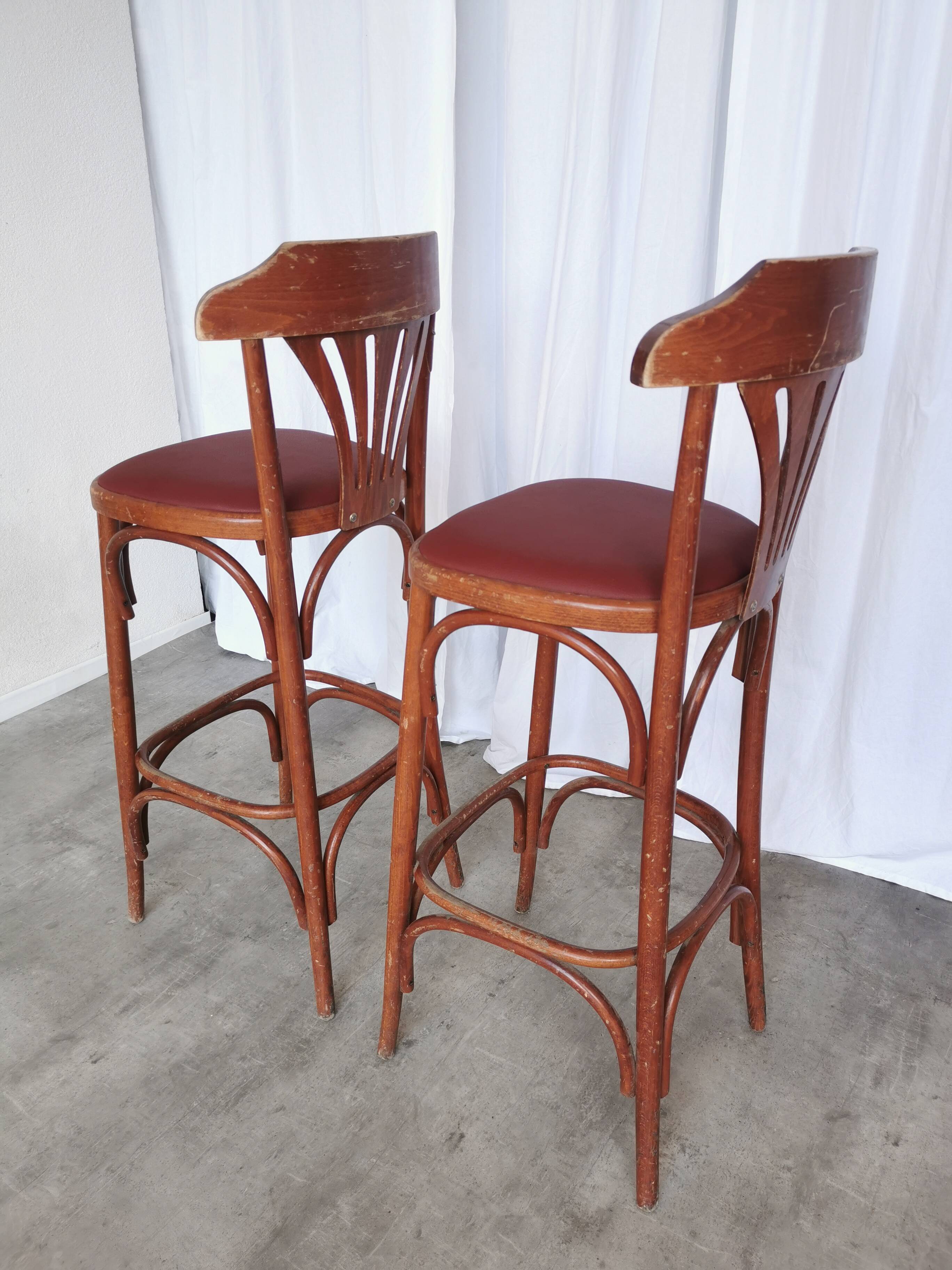Mid-Century Thonet Style Bar Stools: Red Faux Leather Seat, Set of 2