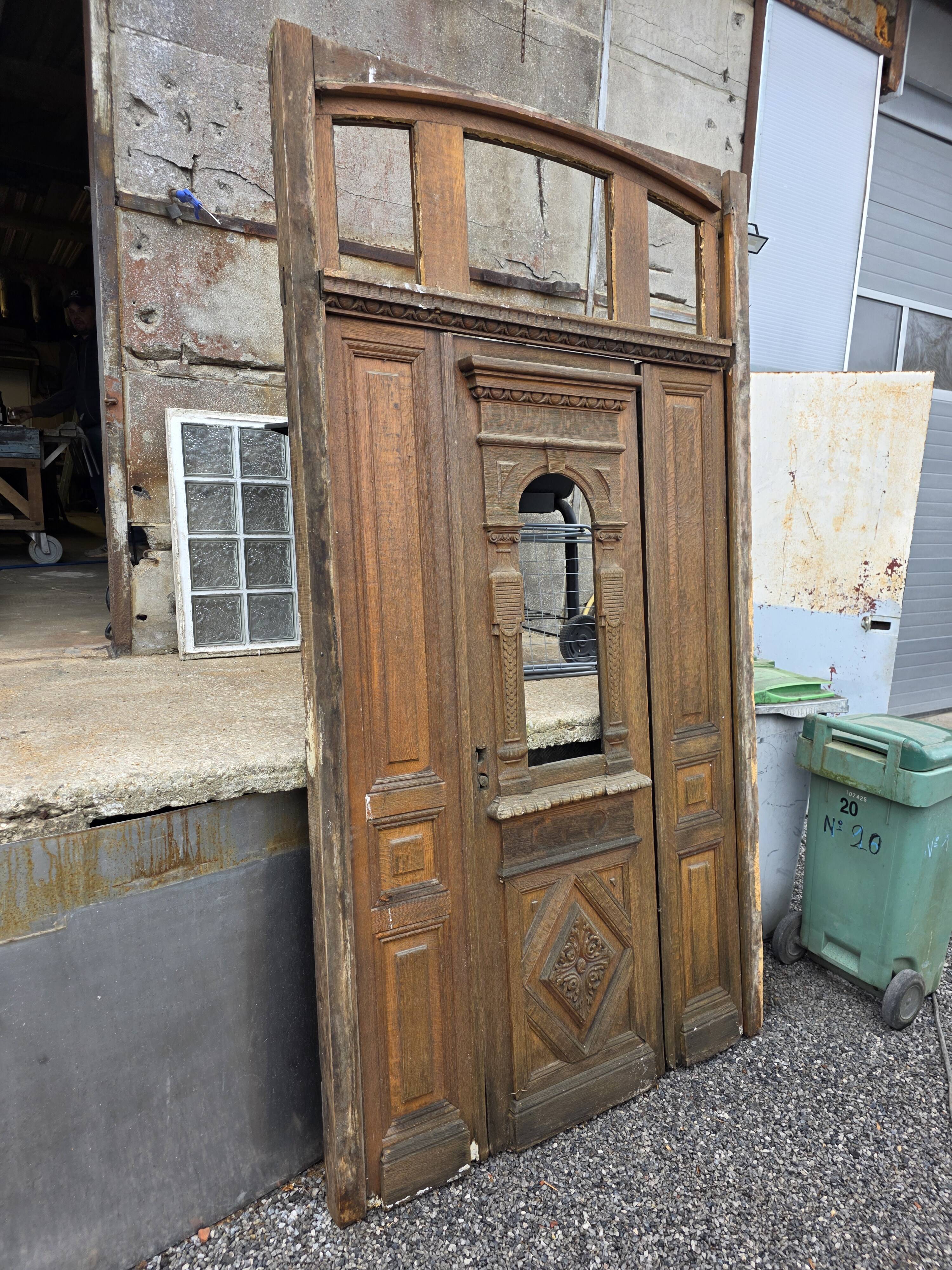 19th-century solid oak entrance door with three openings, including frame.