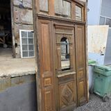 19th-century solid oak entrance door with three openings, including frame.