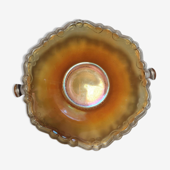 Pocket tray, iridescent amber glass bowl in Carnival glass style