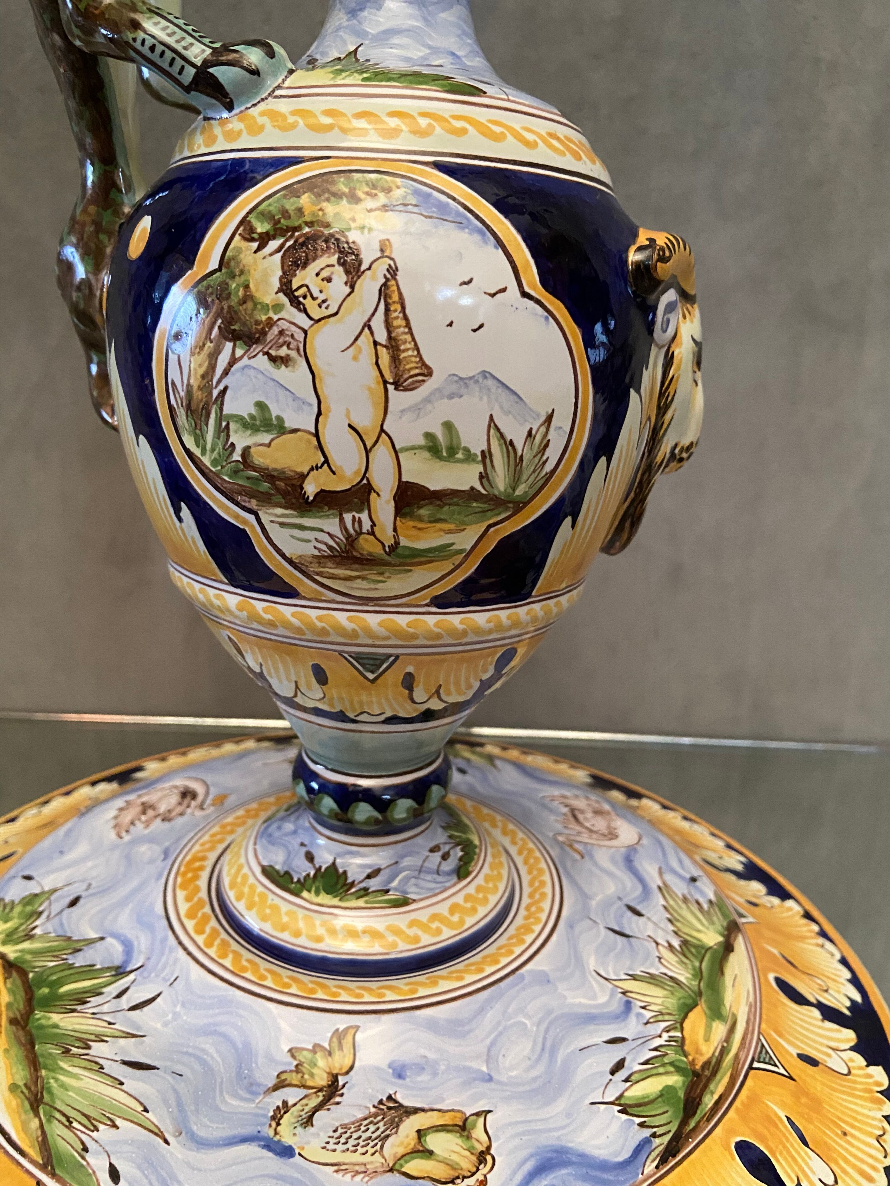 Ewer on flat display in earthenware of Nevers Renaissance decoration