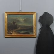 Old painting of a nocturnal landscape in oil on panel from the 19th century.