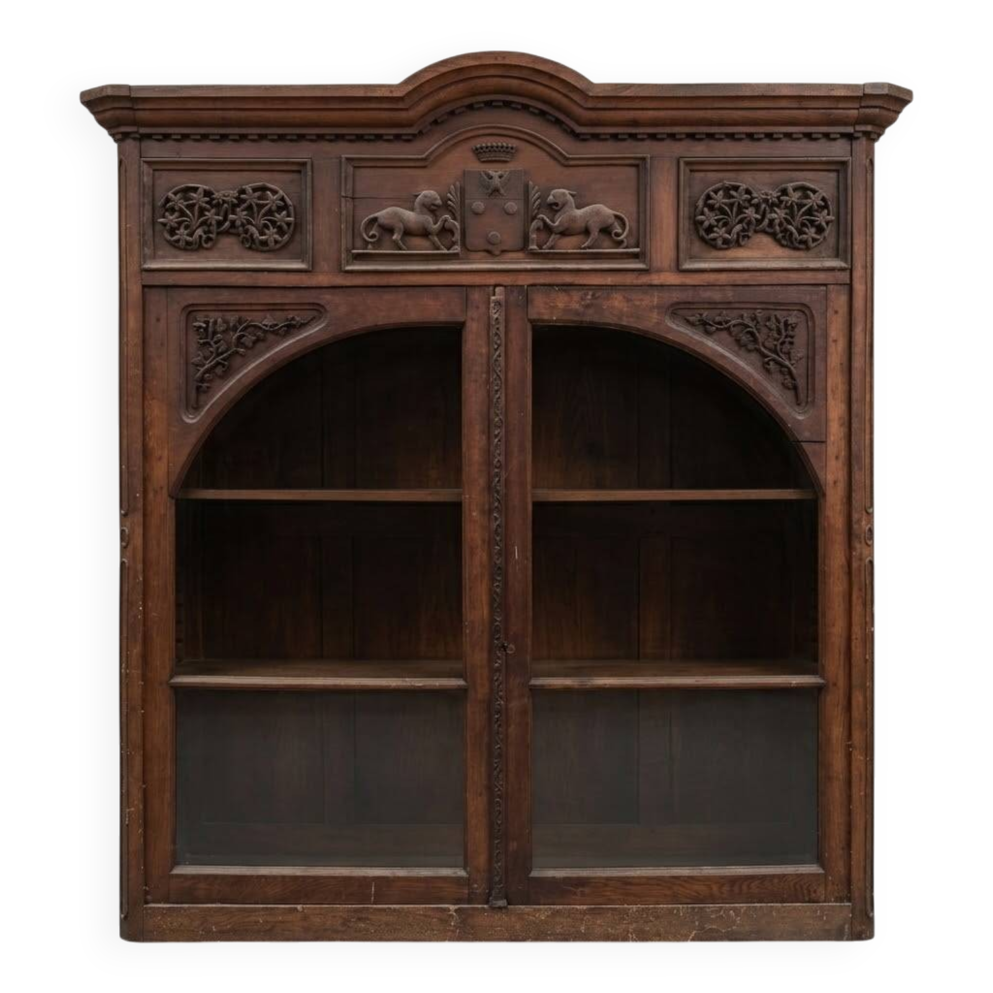 Ancien meuble bibliothèque de château decor blason lion