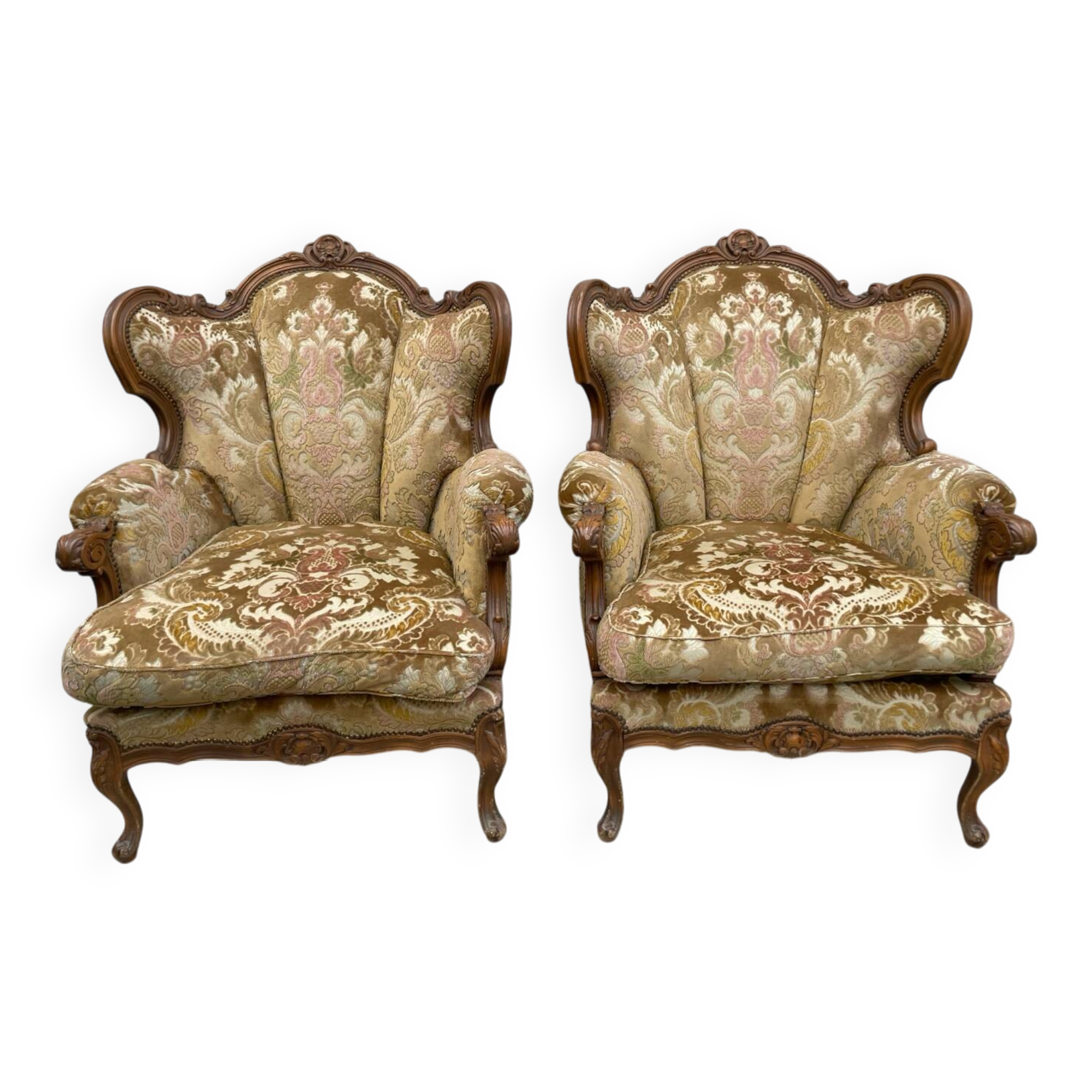 2 Louis XV style armchairs in brocade and velvety fabric