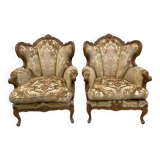 2 Louis XV style armchairs in brocade and velvety fabric