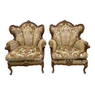 2 Fauteuils type Louis XV tissu broché et velouté