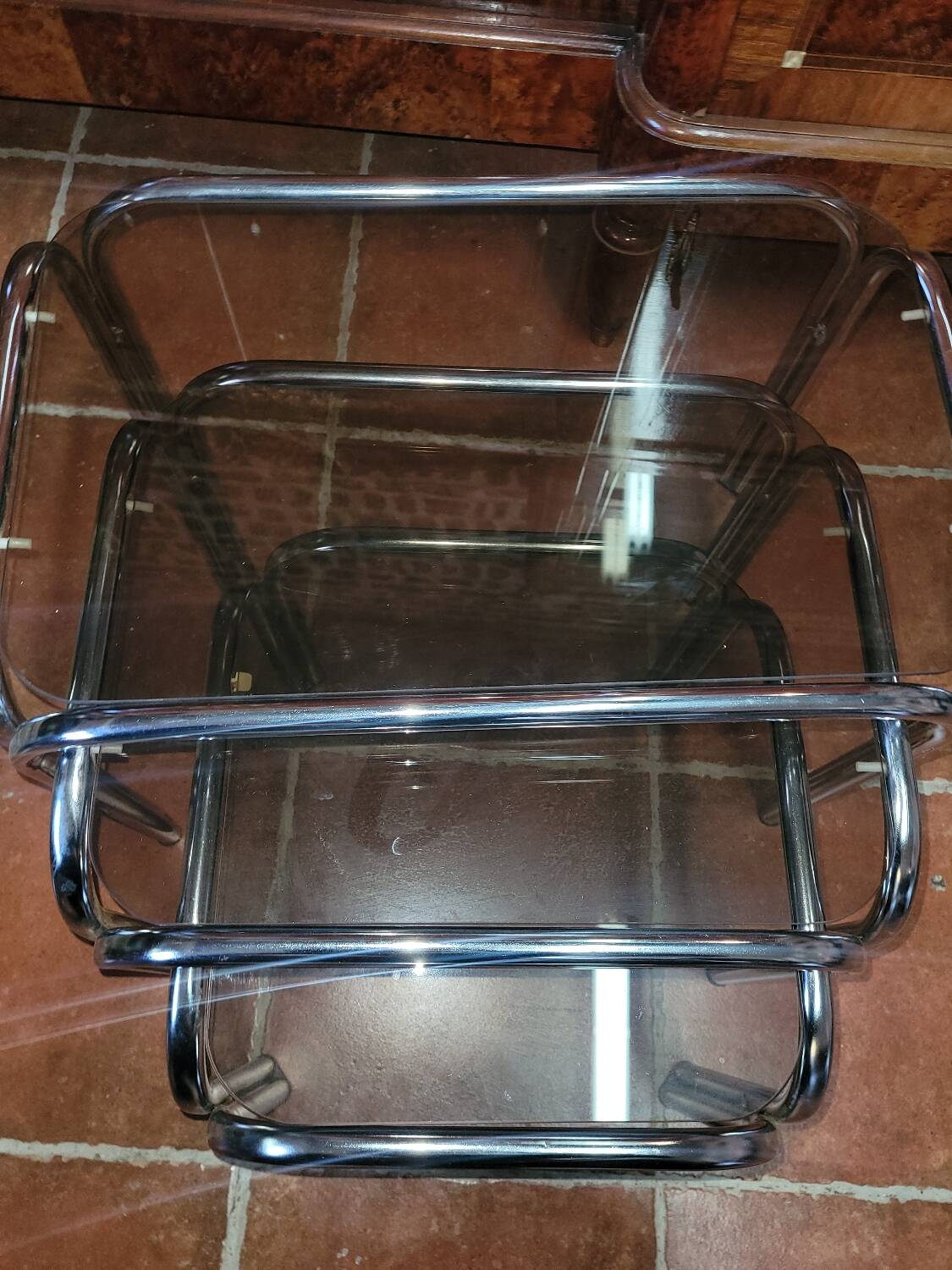 Chrome and smoked glass nesting table from the 70s