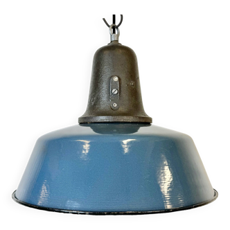 Lampe d'Usine Industrielle en Émail Bleu avec Plateau en Fonte, 1960s