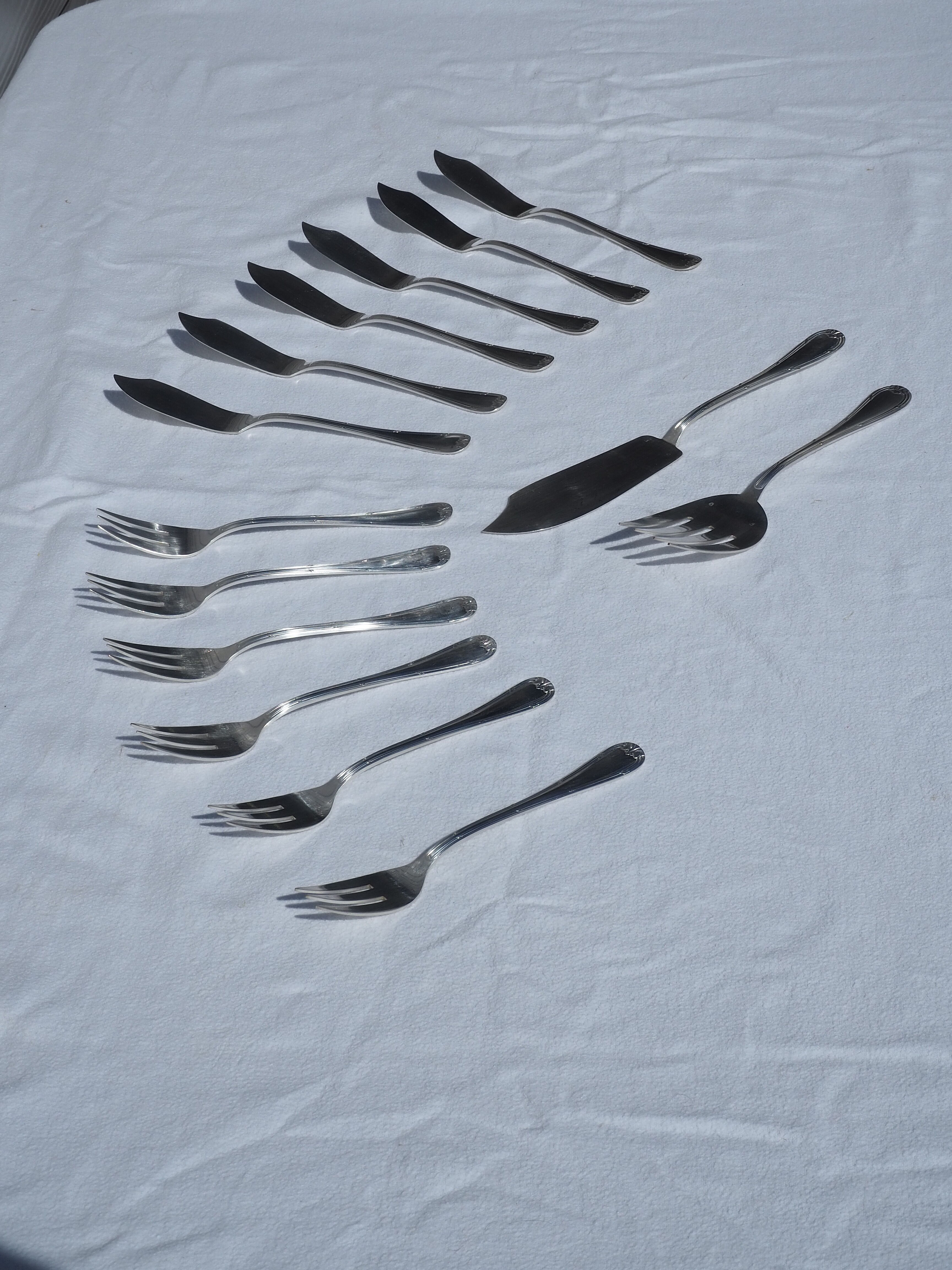 Fish service and its 6 silver-plated cutlery, crossed ribbon model