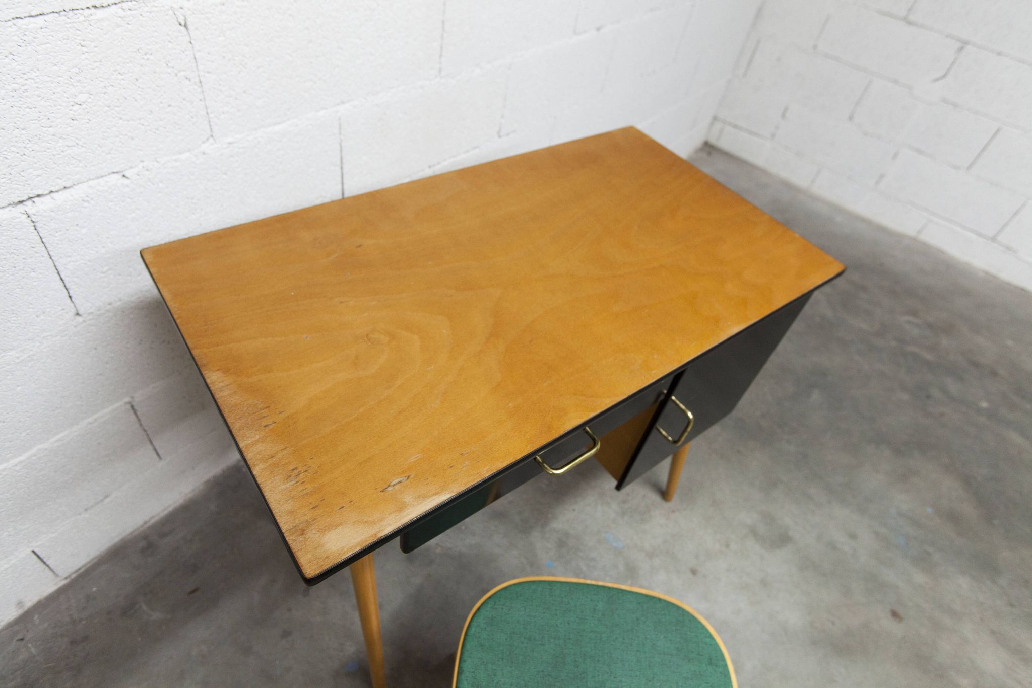 Baumann desk and chair, 1960s, Formica, wood and black, green seat