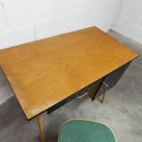 Baumann desk and chair, 1960s, Formica, wood and black, green seat