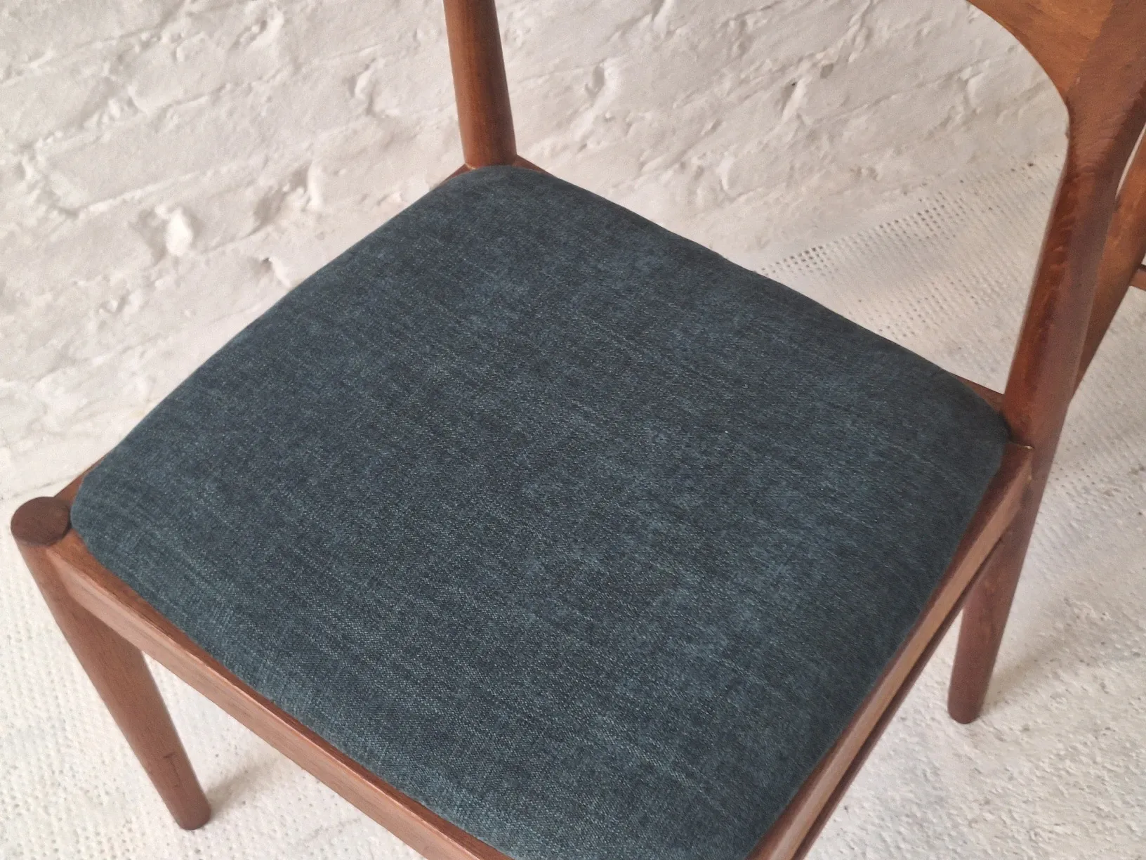 Pair of Henning Kjaernulf teak dining chairs sea blue-green, Denmark 1960s
