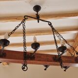 Wood and forged metal chandelier