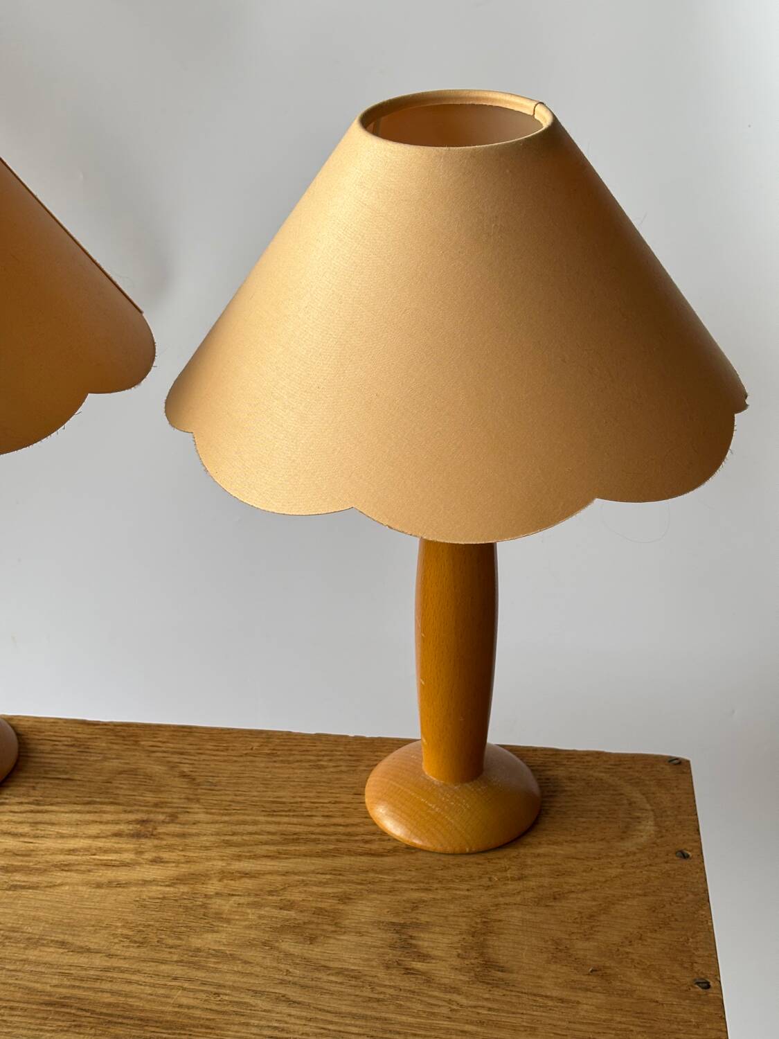 2 vintage wooden and fabric bedside lamps