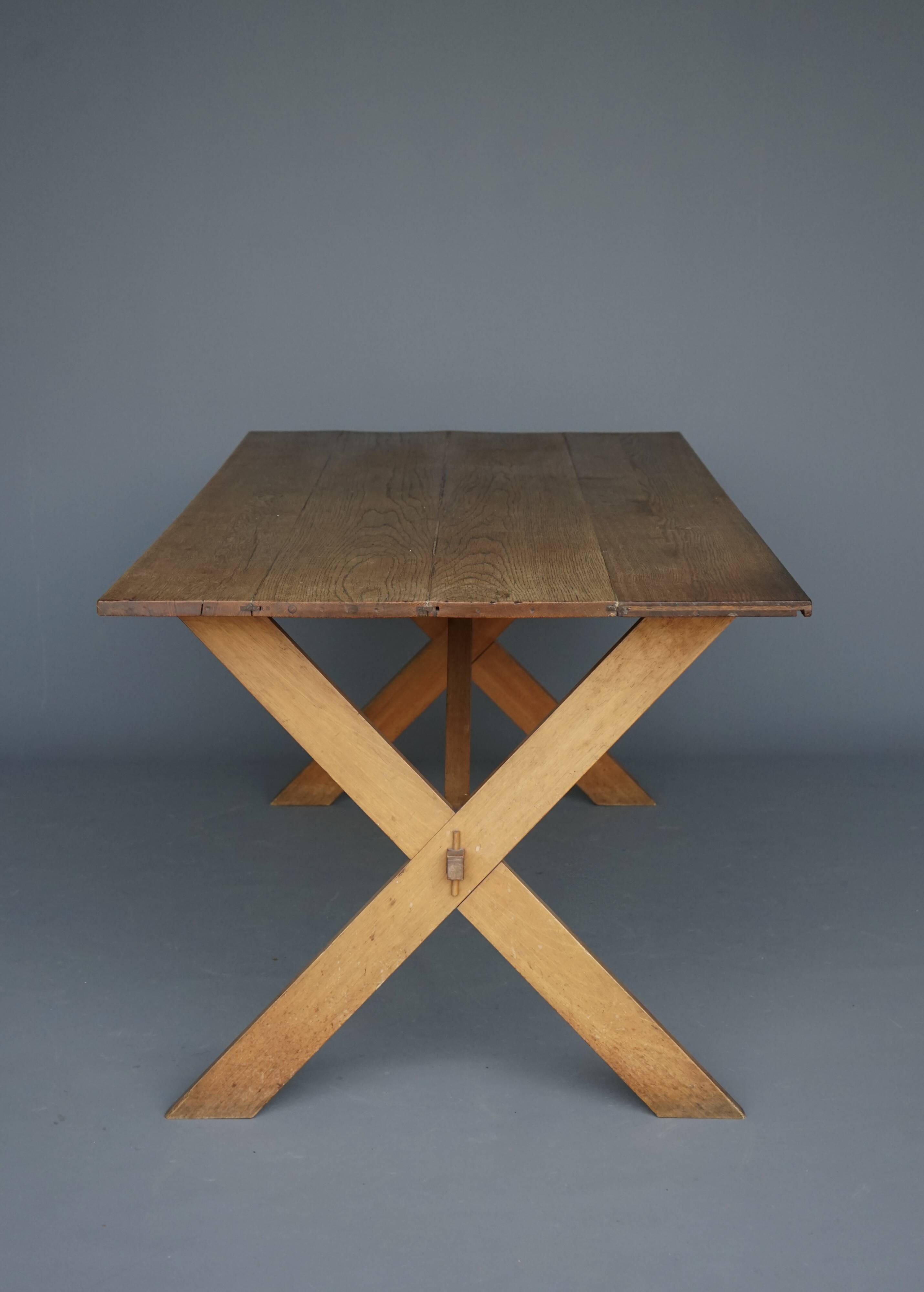 Rustic wooden Farmhouse X-frame Dining Table. 1940s