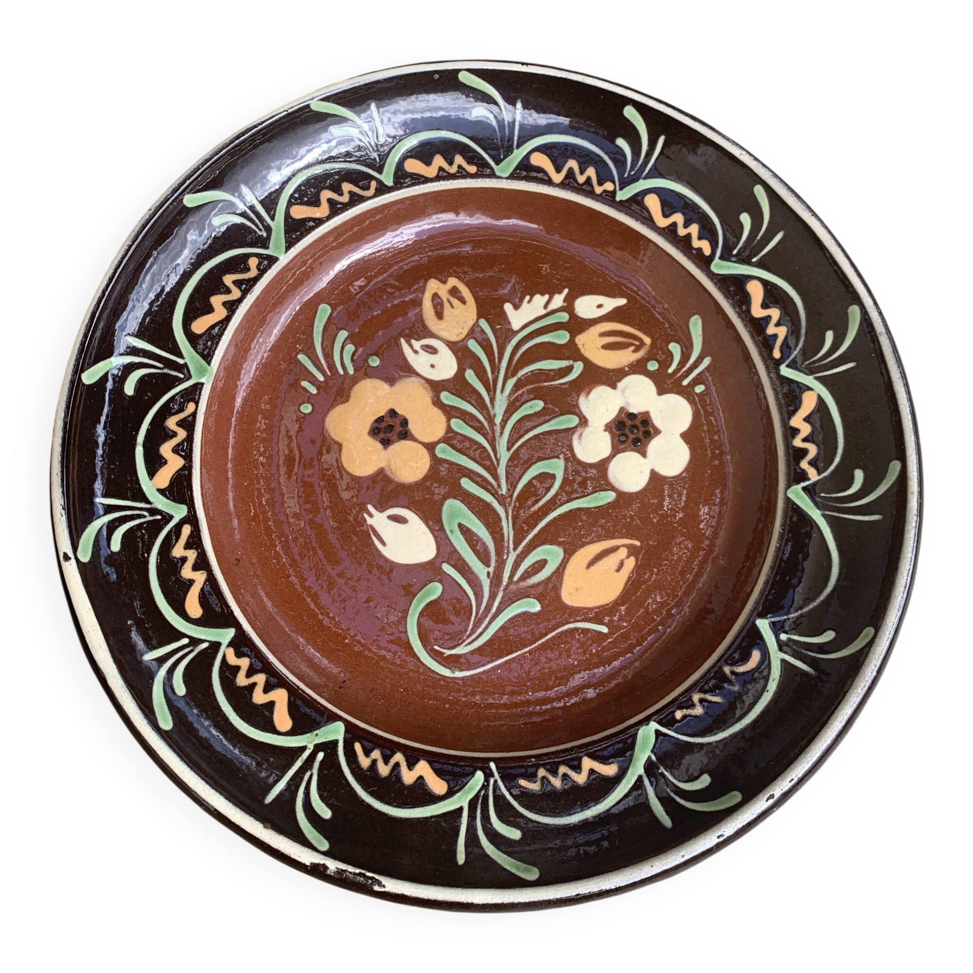 Alsatian decorative hollow dish, handmade pottery, Henri Siegfried, vintage