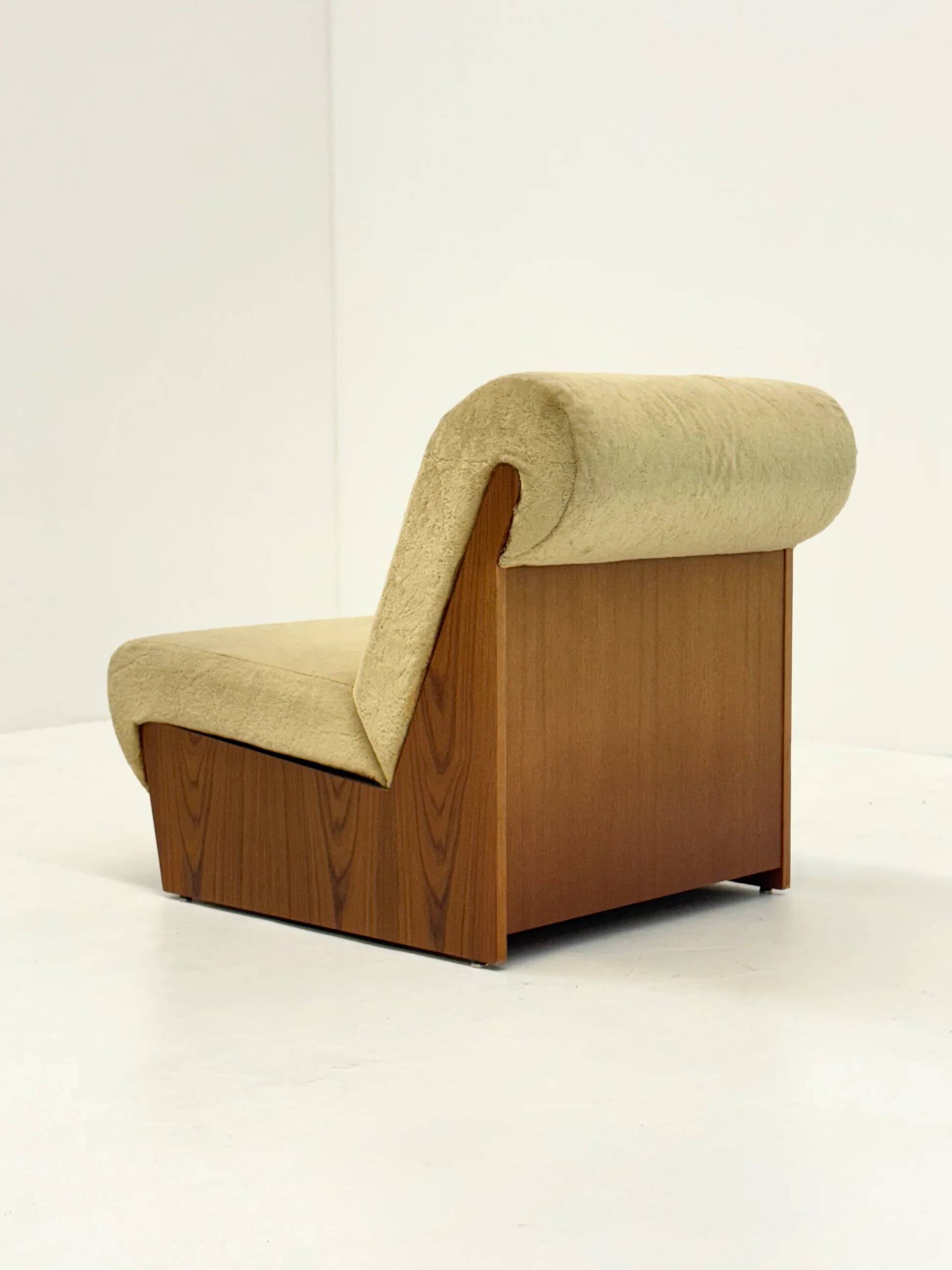 Vintage mid-century beige armchair with wooden frame and ottoman