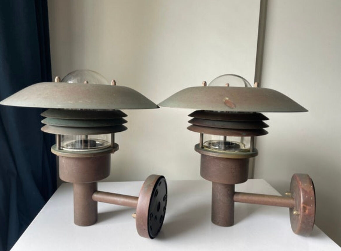 Pair of classic danish vintage MCM outdoor wall lamp in copper