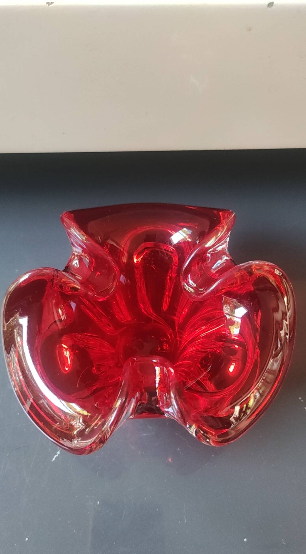 Murano Ashtray/Tray. Organic floral shape. Ruby red, 14cm.
