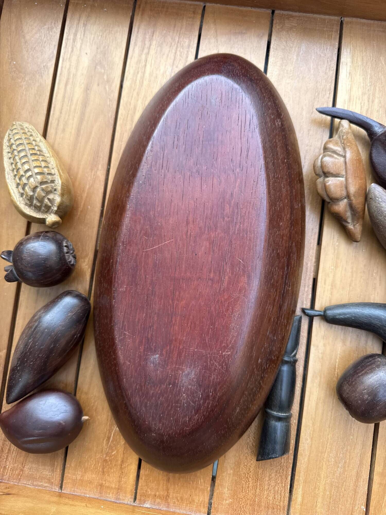 Large vintage carved wooden bowl with decorative fruits – 1970s