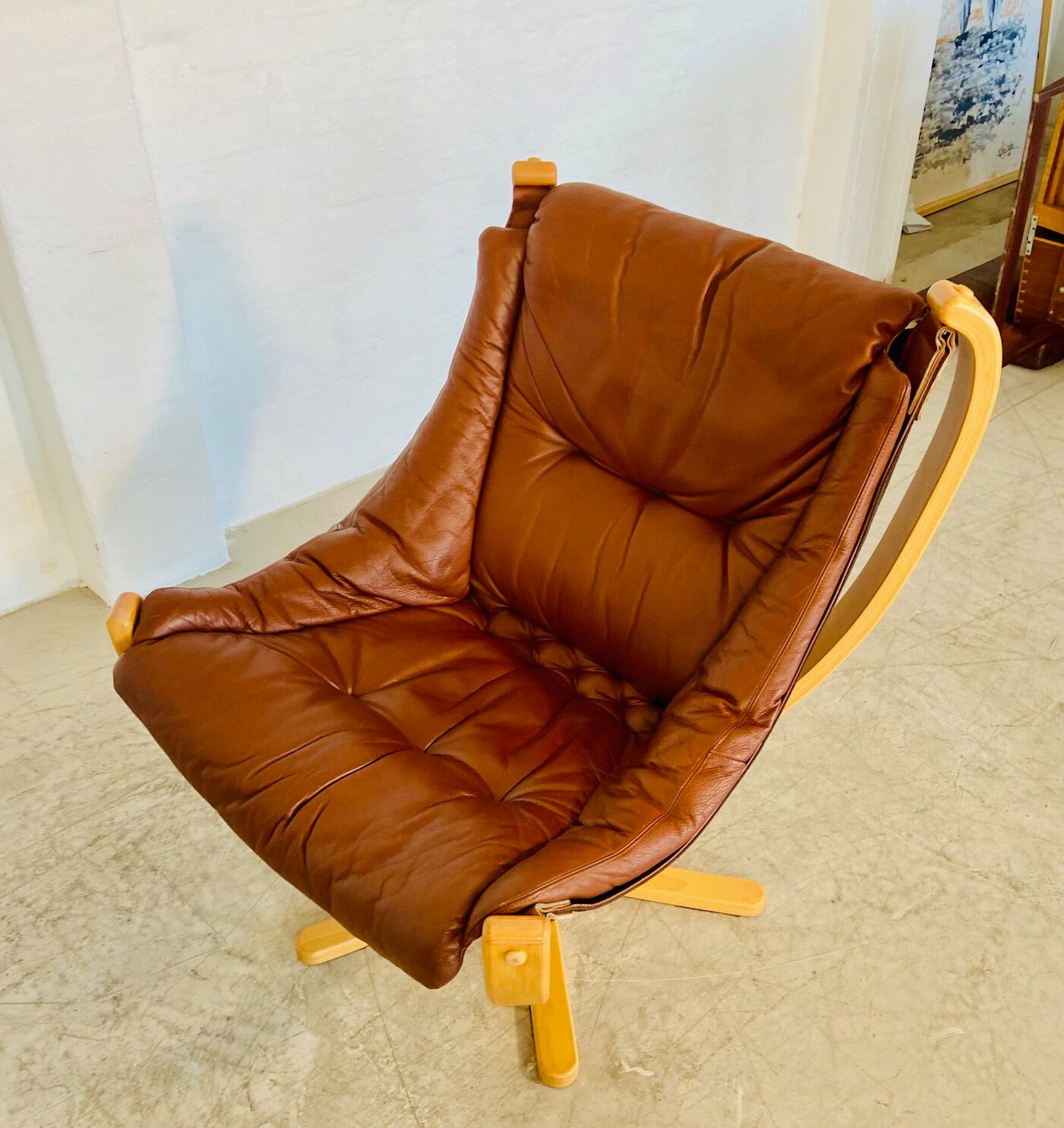 Svend Skippers vintage retro cognac leather swivel chair set 1970s