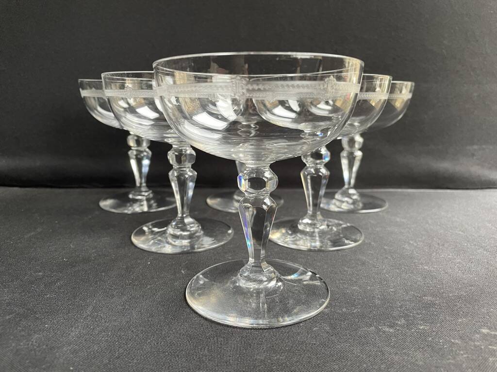 6 champagne glasses in light blown, cut and guilloché crystal