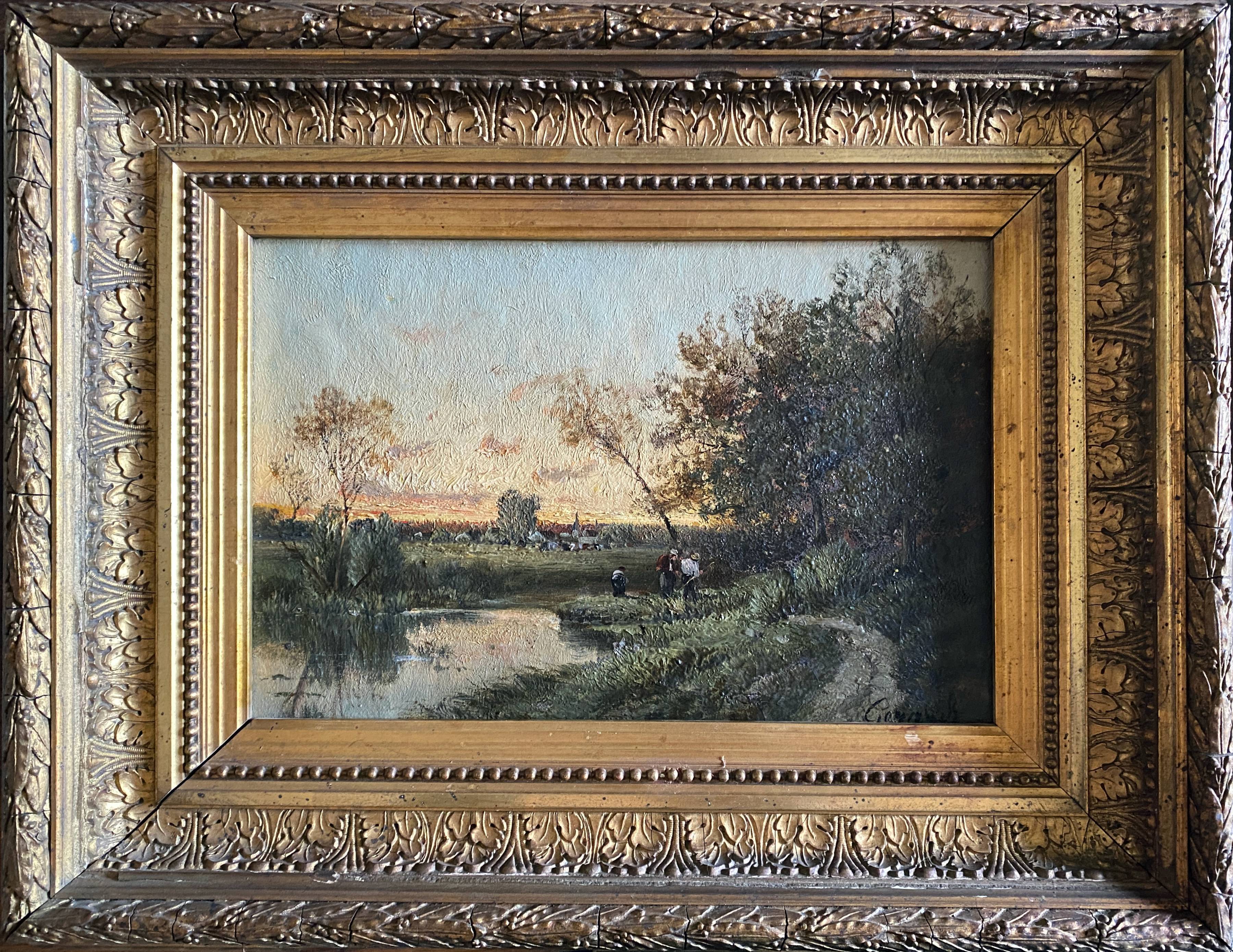 Impressionist painting "Animated twilight landscape" 19th century signed Barbizon
