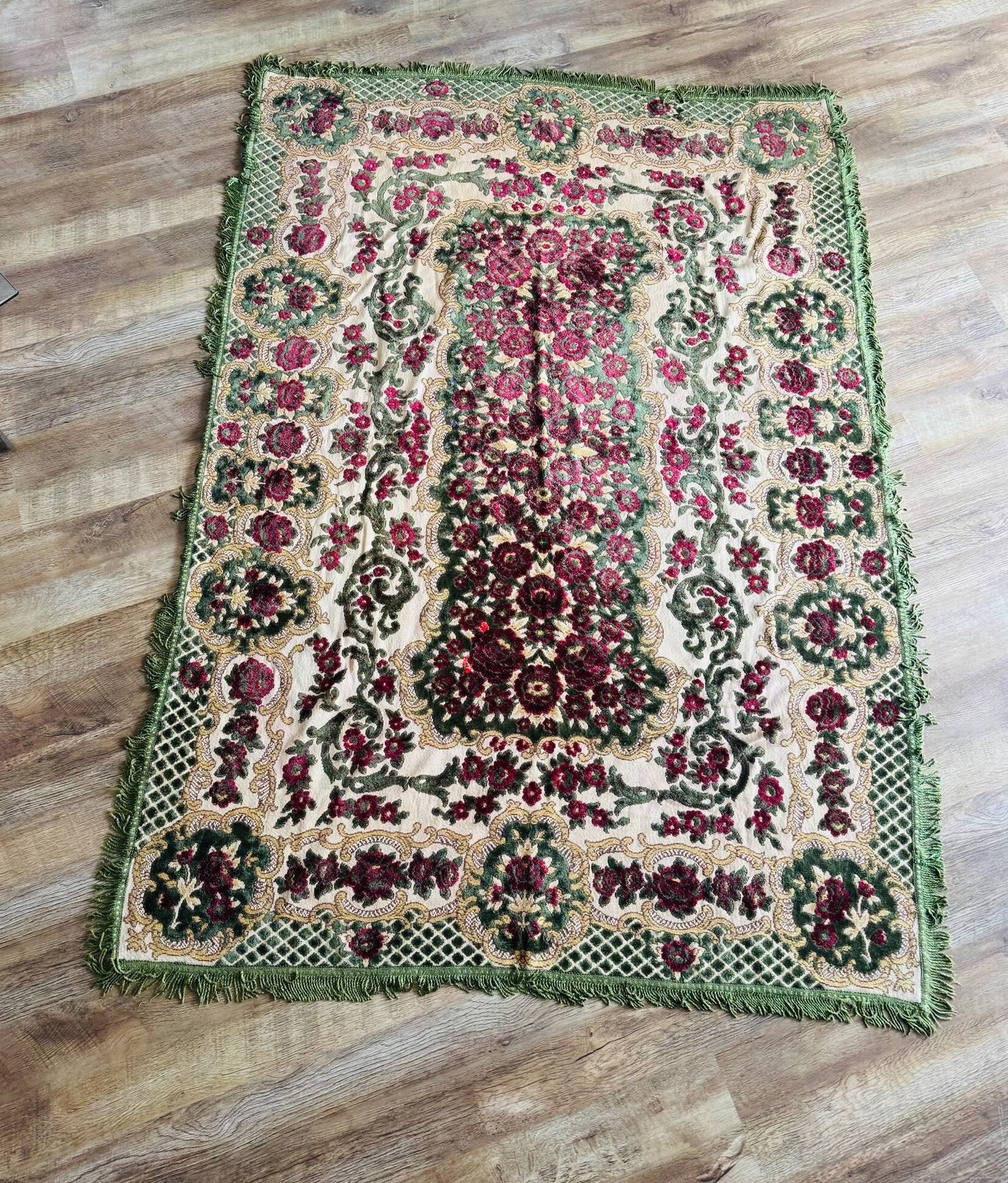 Old floral cotton velvet rug or throw with fringes, 180 x 130 cm