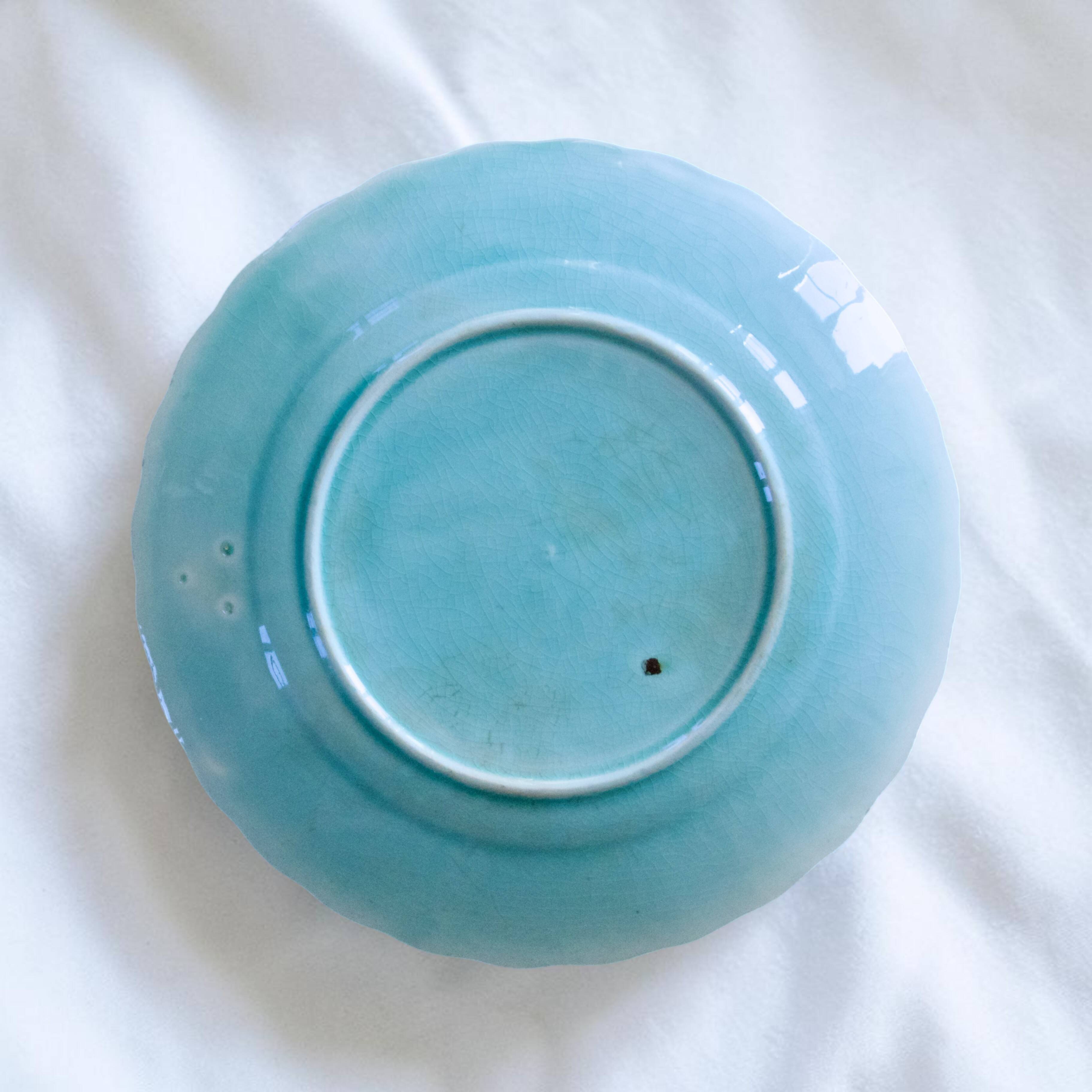 19th-century trio of plates in turquoise bird majolica.